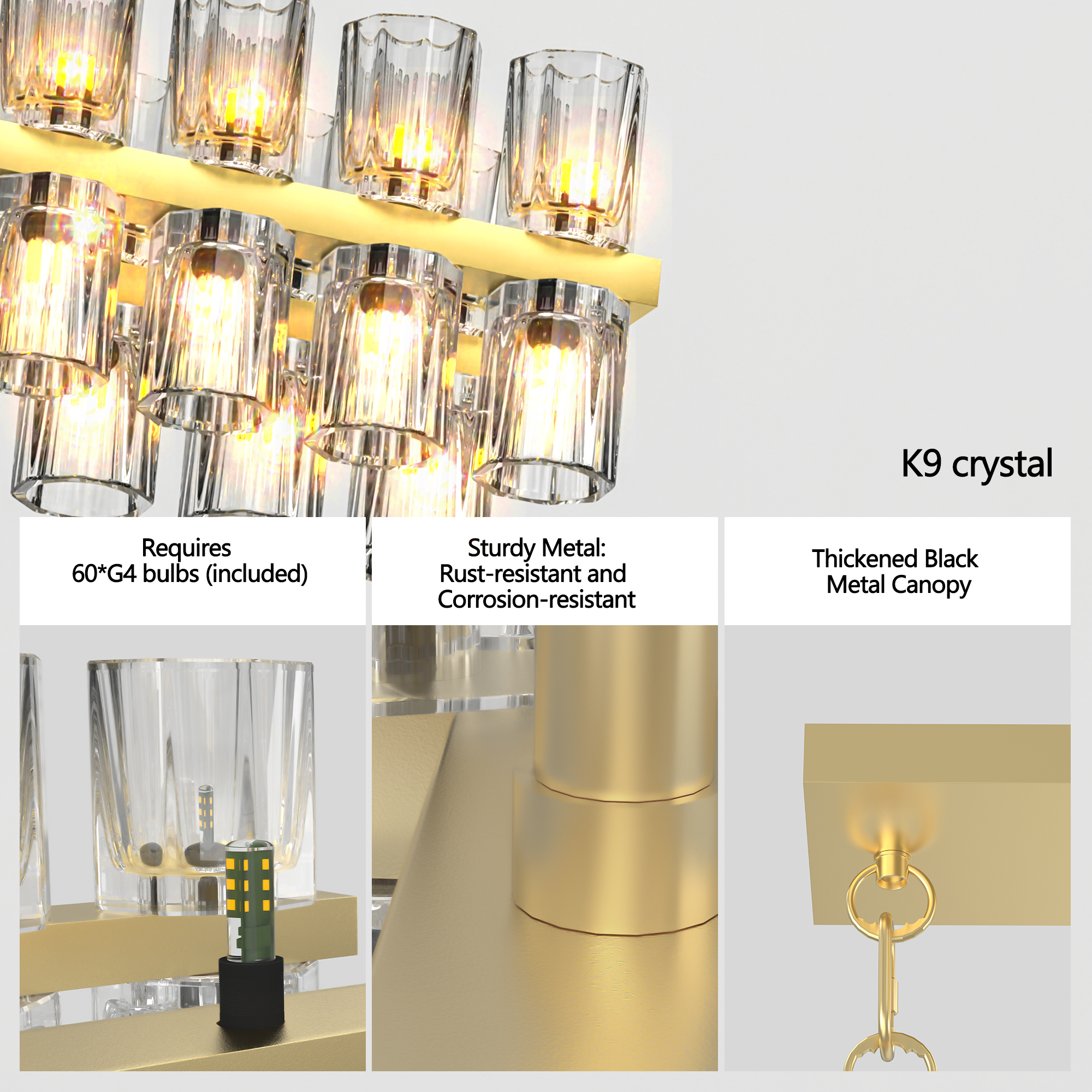 Crystal Brass Rectangle Chandeliers for Dining Room, 54in Gold Farmhouse Chandeliers for Dining Room, Modern Rectangle Crystal Chandelier for Kitchen Island Living Room, Includes 60XG4 Bulbs - Image 4