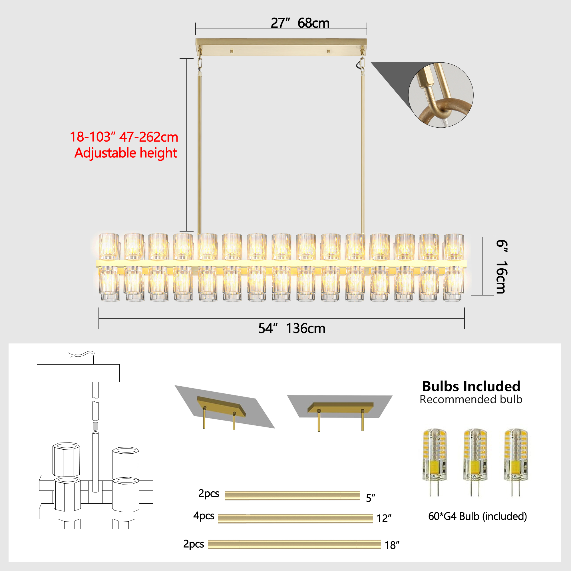 Crystal Brass Rectangle Chandeliers for Dining Room, 54in Gold Farmhouse Chandeliers for Dining Room, Modern Rectangle Crystal Chandelier for Kitchen Island Living Room, Includes 60XG4 Bulbs - Image 5