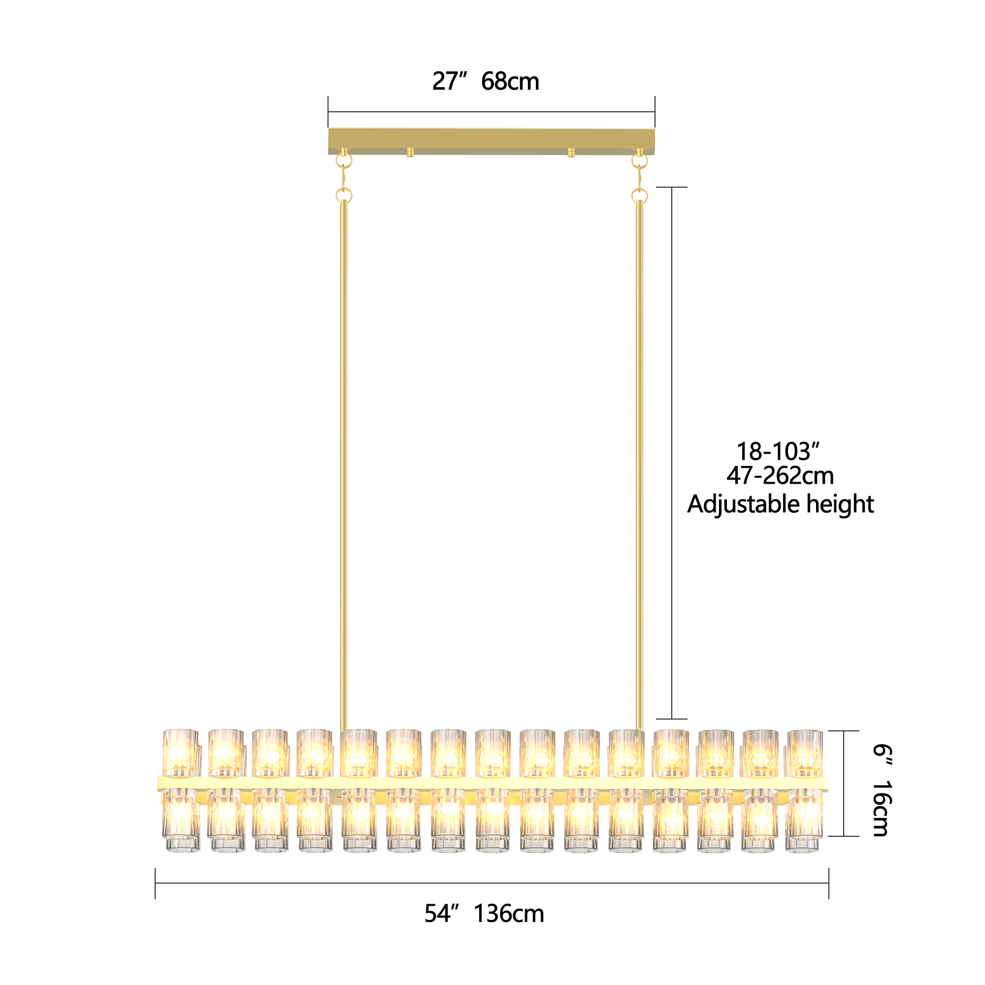 Crystal Brass Rectangle Chandeliers for Dining Room, 54in Gold Farmhouse Chandeliers for Dining Room, Modern Rectangle Crystal Chandelier for Kitchen Island Living Room, Includes 60XG4 Bulbs - Image 6