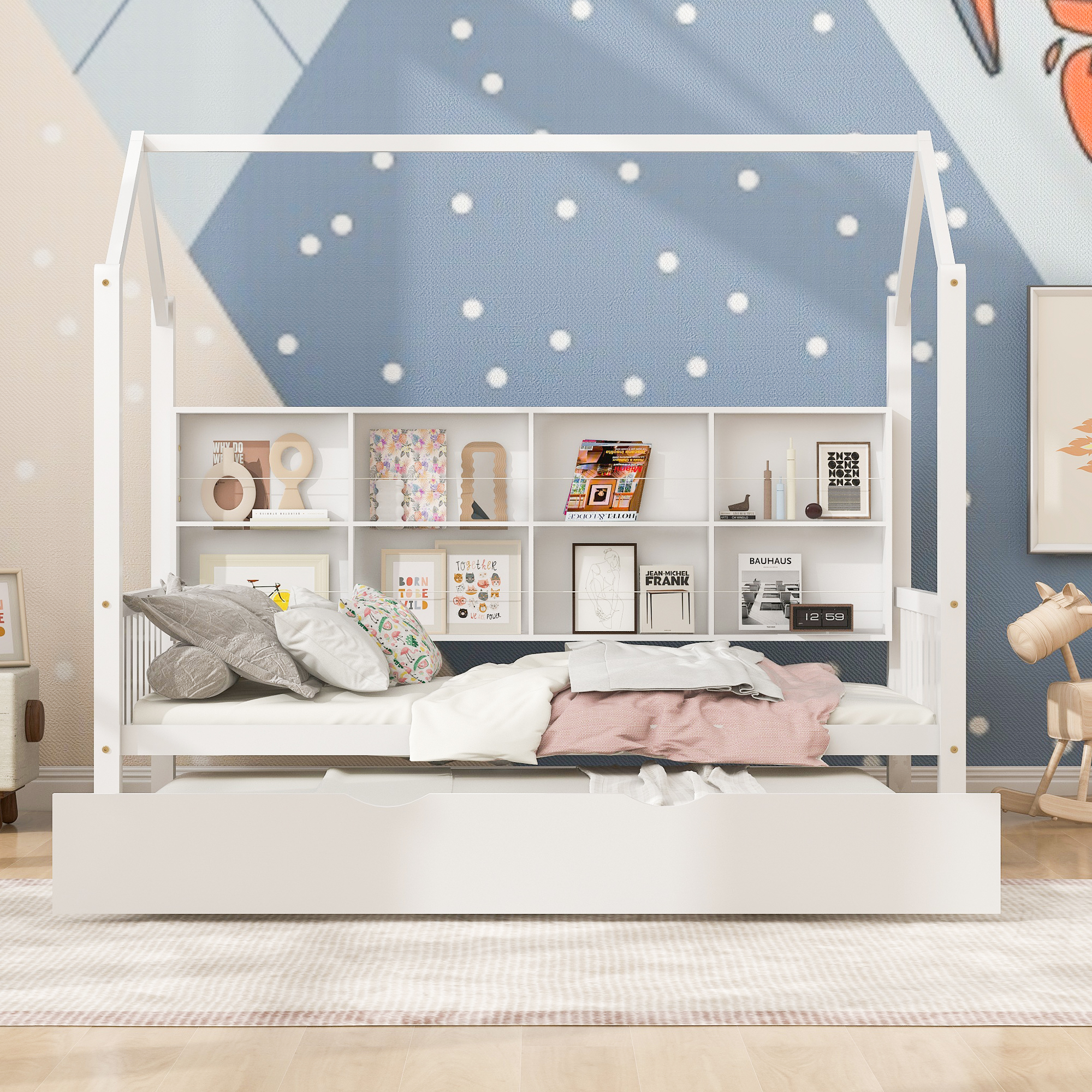 Wooden Twin Size House Bed with Trundle,Kids Bed with Shelf, White (Old SKU: WF297071AAK) - Image 2
