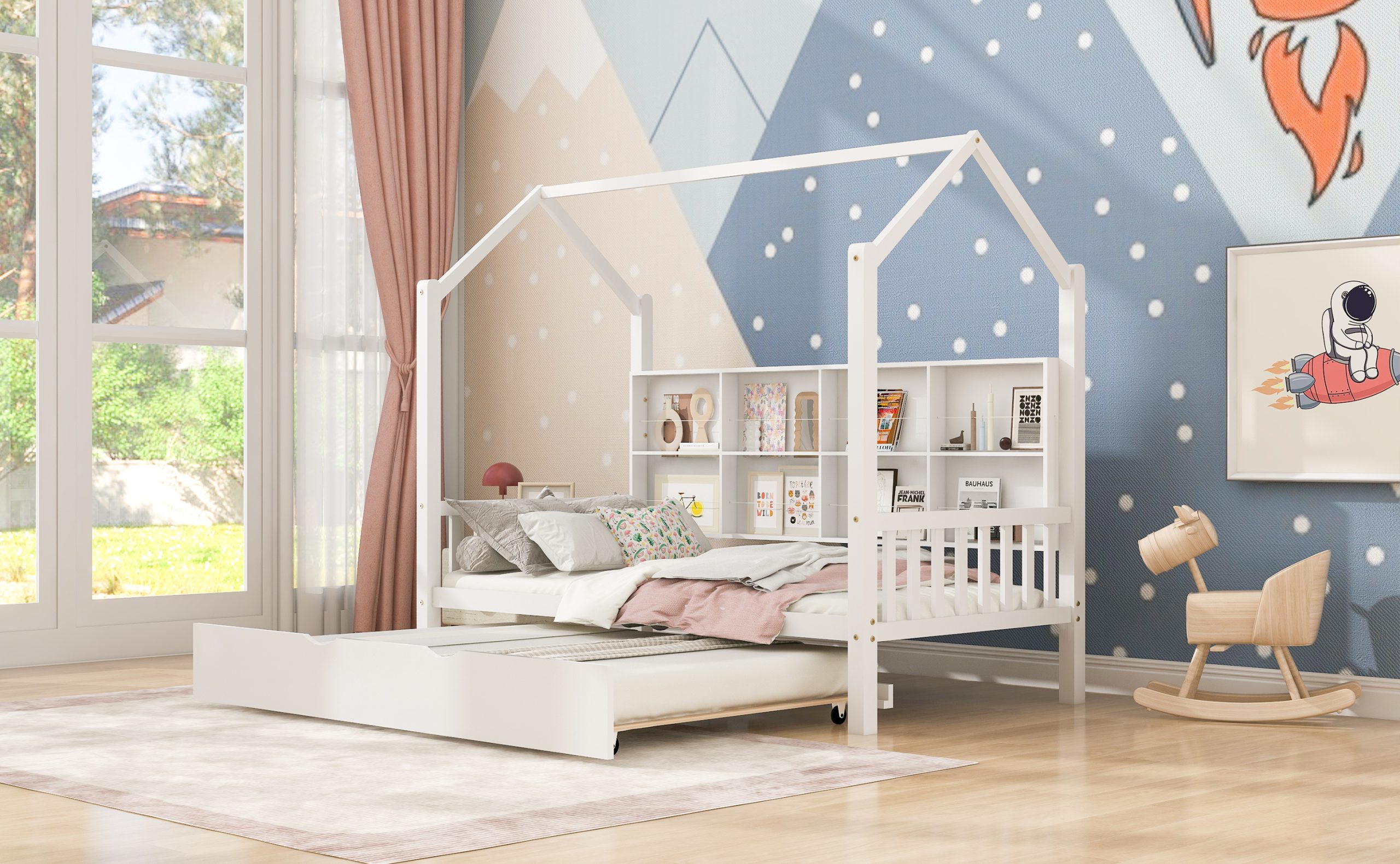Wooden Twin Size House Bed with Trundle,Kids Bed with Shelf, White (Old SKU: WF297071AAK) - Image 3