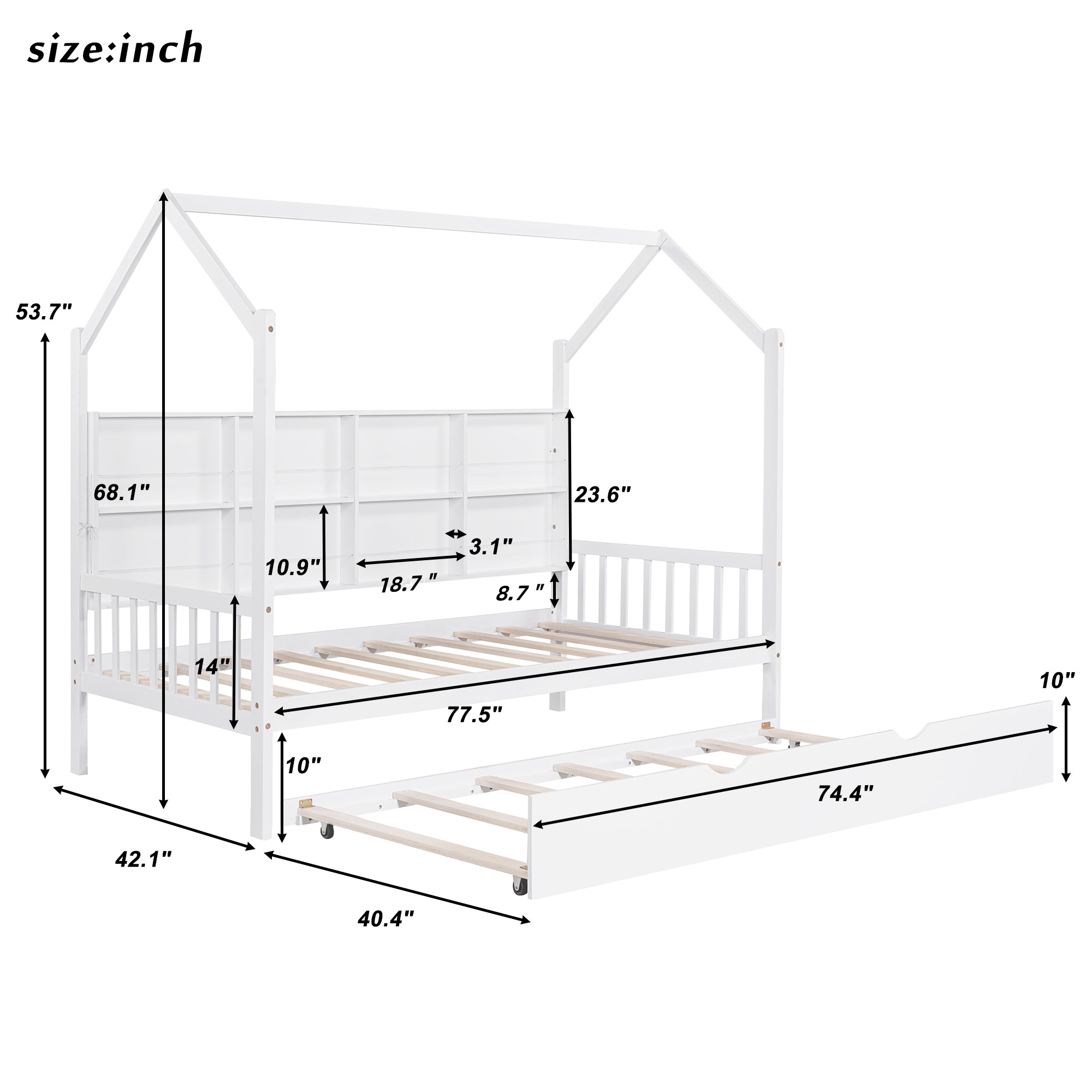 Wooden Twin Size House Bed with Trundle,Kids Bed with Shelf, White (Old SKU: WF297071AAK) - Image 4
