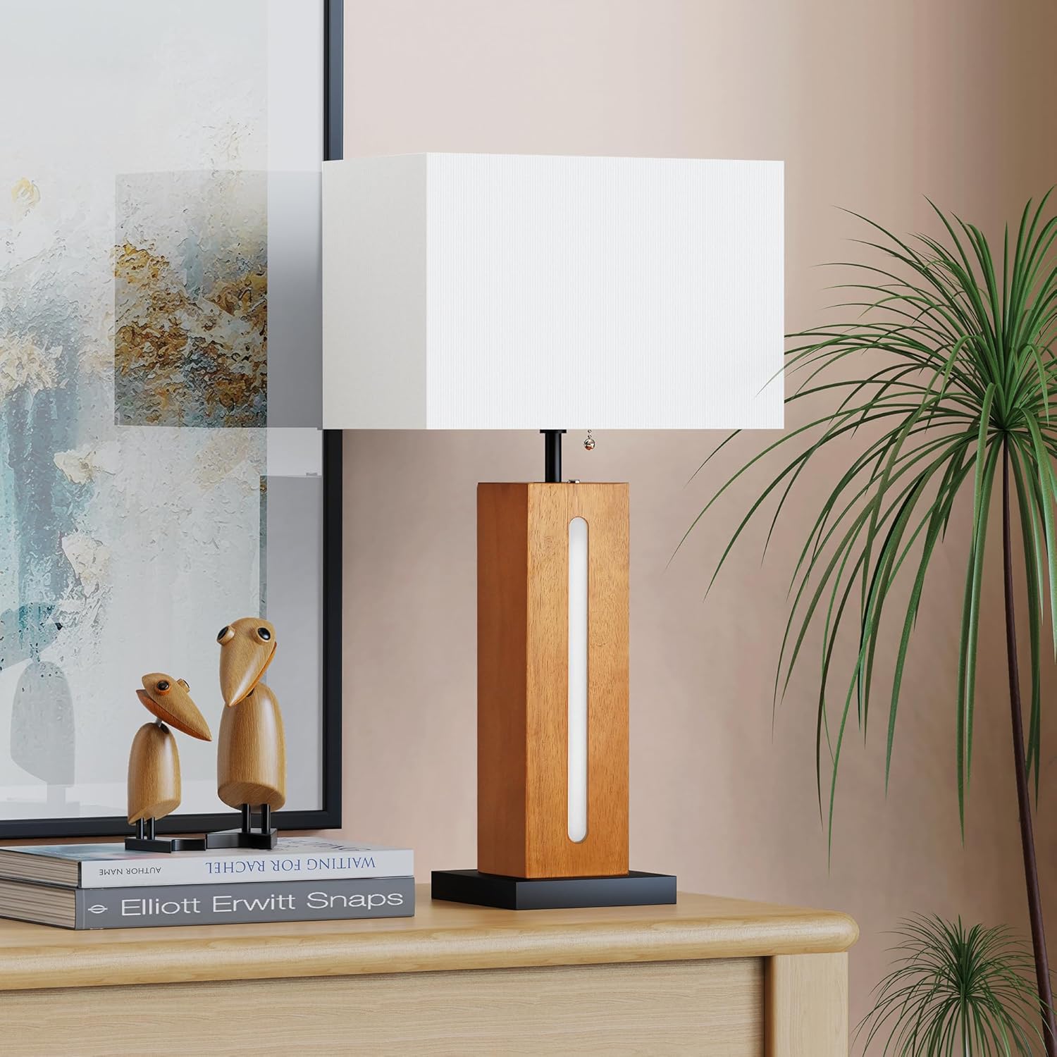 Table Lamps Set Of 2, Modern Dimmable Bedside Lamp With LED Nightlight, Rustic Farmhouse Square Wood Grain Nightstand Lamps With Linen Shades For Living Room Bedroom End Table - Image 3