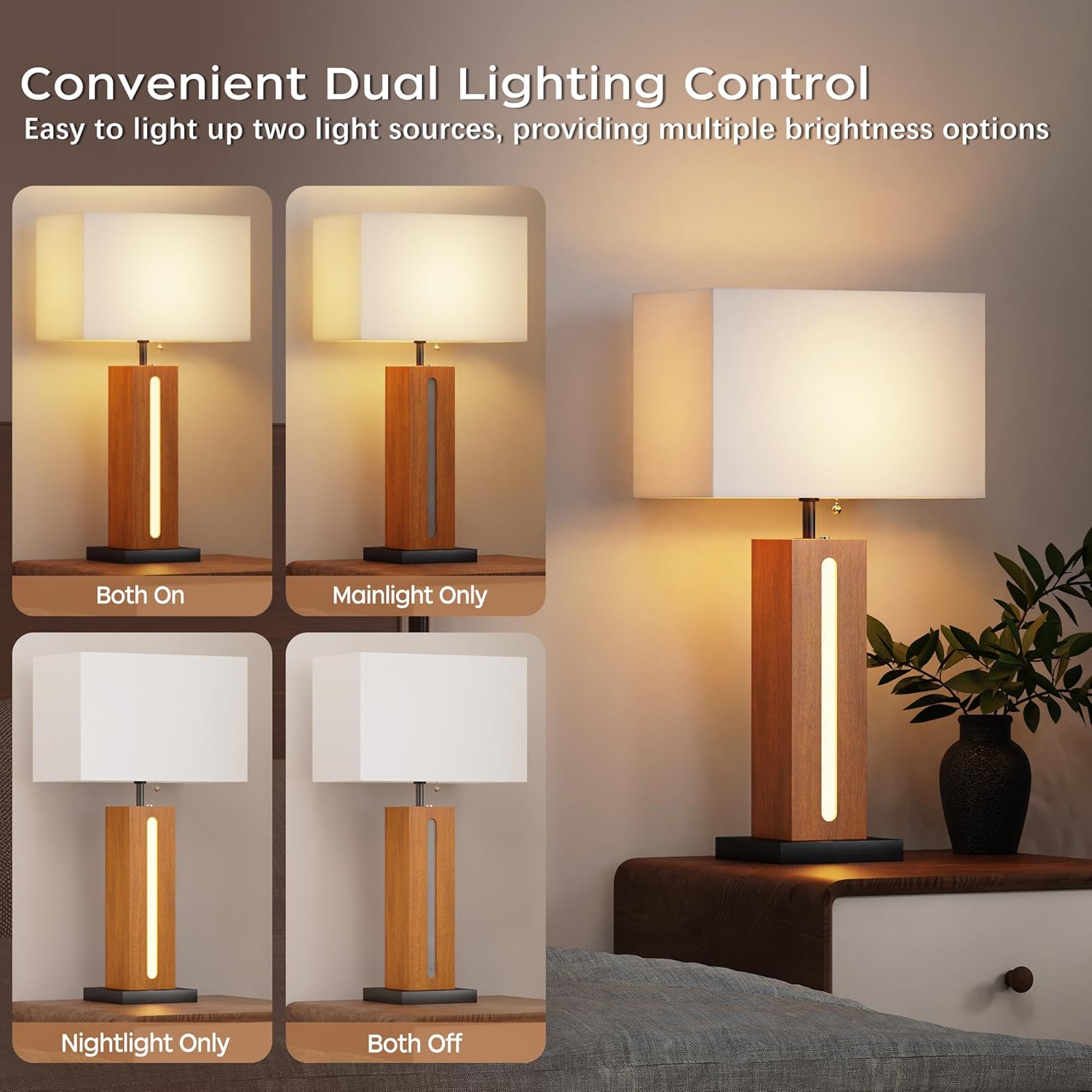 Table Lamps Set Of 2, Modern Dimmable Bedside Lamp With LED Nightlight, Rustic Farmhouse Square Wood Grain Nightstand Lamps With Linen Shades For Living Room Bedroom End Table - Image 4