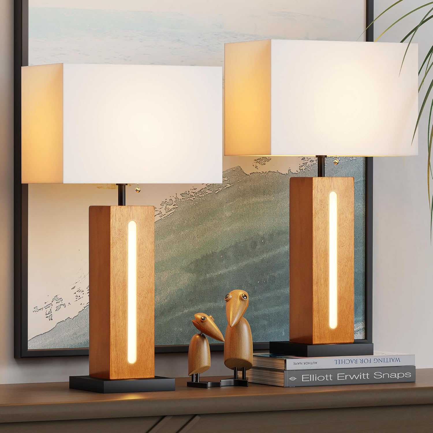 Table Lamps Set Of 2, Modern Dimmable Bedside Lamp With LED Nightlight, Rustic Farmhouse Square Wood Grain Nightstand Lamps With Linen Shades For Living Room Bedroom End Table - Image 5