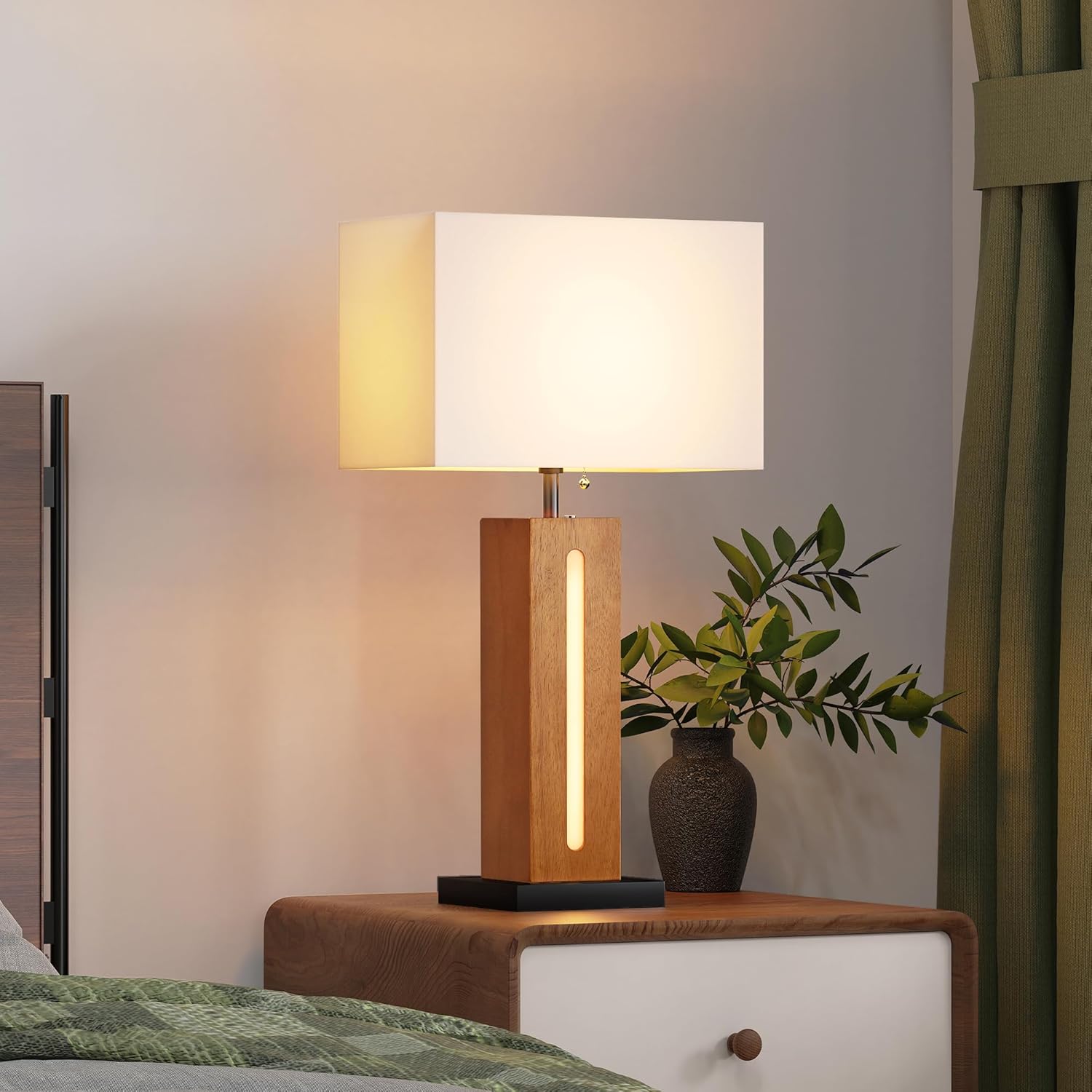 Table Lamps Set Of 2, Modern Dimmable Bedside Lamp With LED Nightlight, Rustic Farmhouse Square Wood Grain Nightstand Lamps With Linen Shades For Living Room Bedroom End Table - Image 6