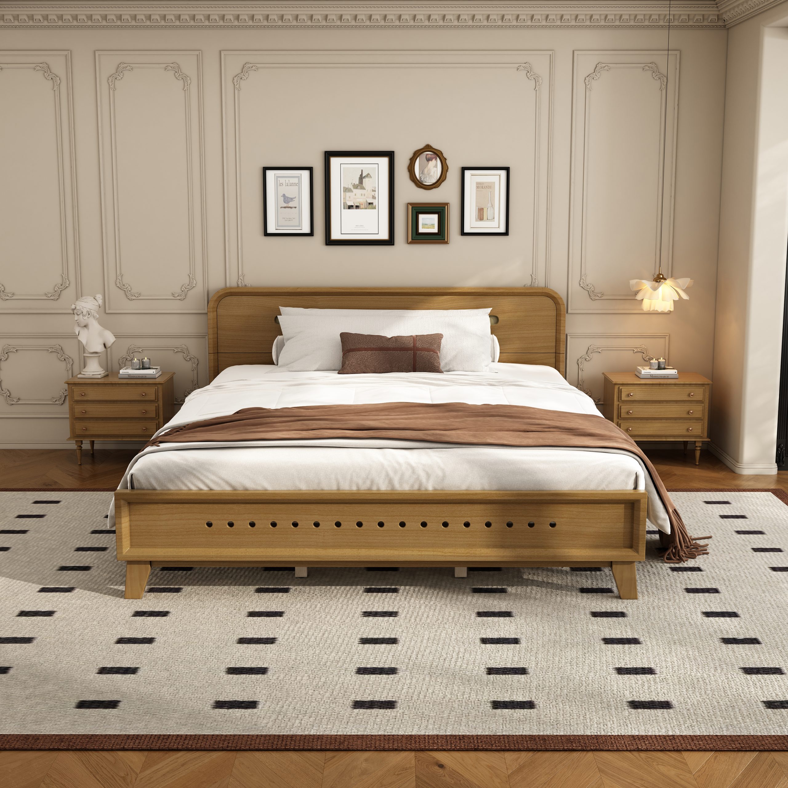 PINE SOLID WOOD QUEEN SIZE BED, SOLID AND STABLE, NO BOX SPRING NEEDED, RUSTIC YELLOW COLOR - Image 2
