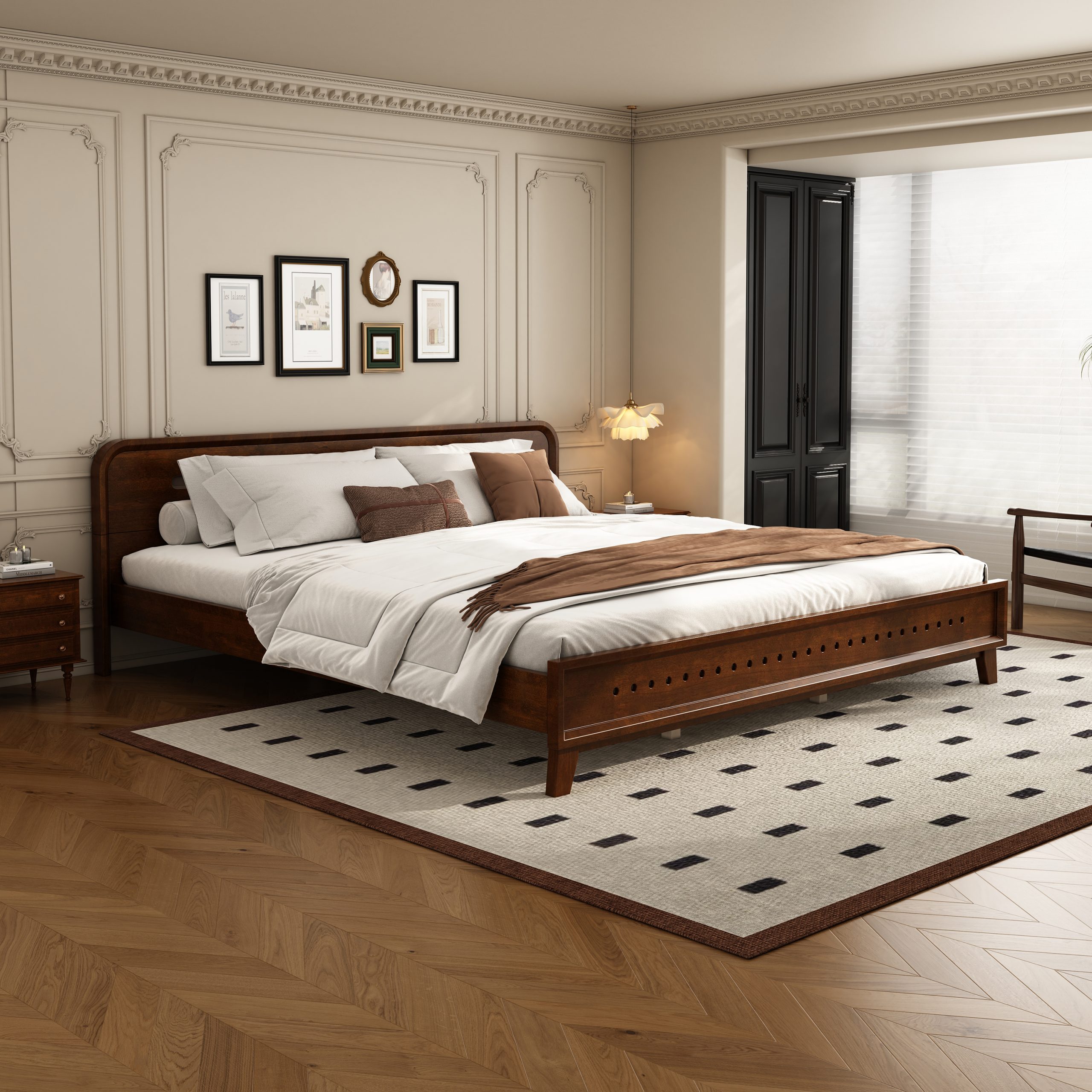 PINE SOLID WOOD KING SIZE BED, SOLID AND STABLE, NO BOX SPRING NEEDED, DARK WALNUT COLOR - Image 1