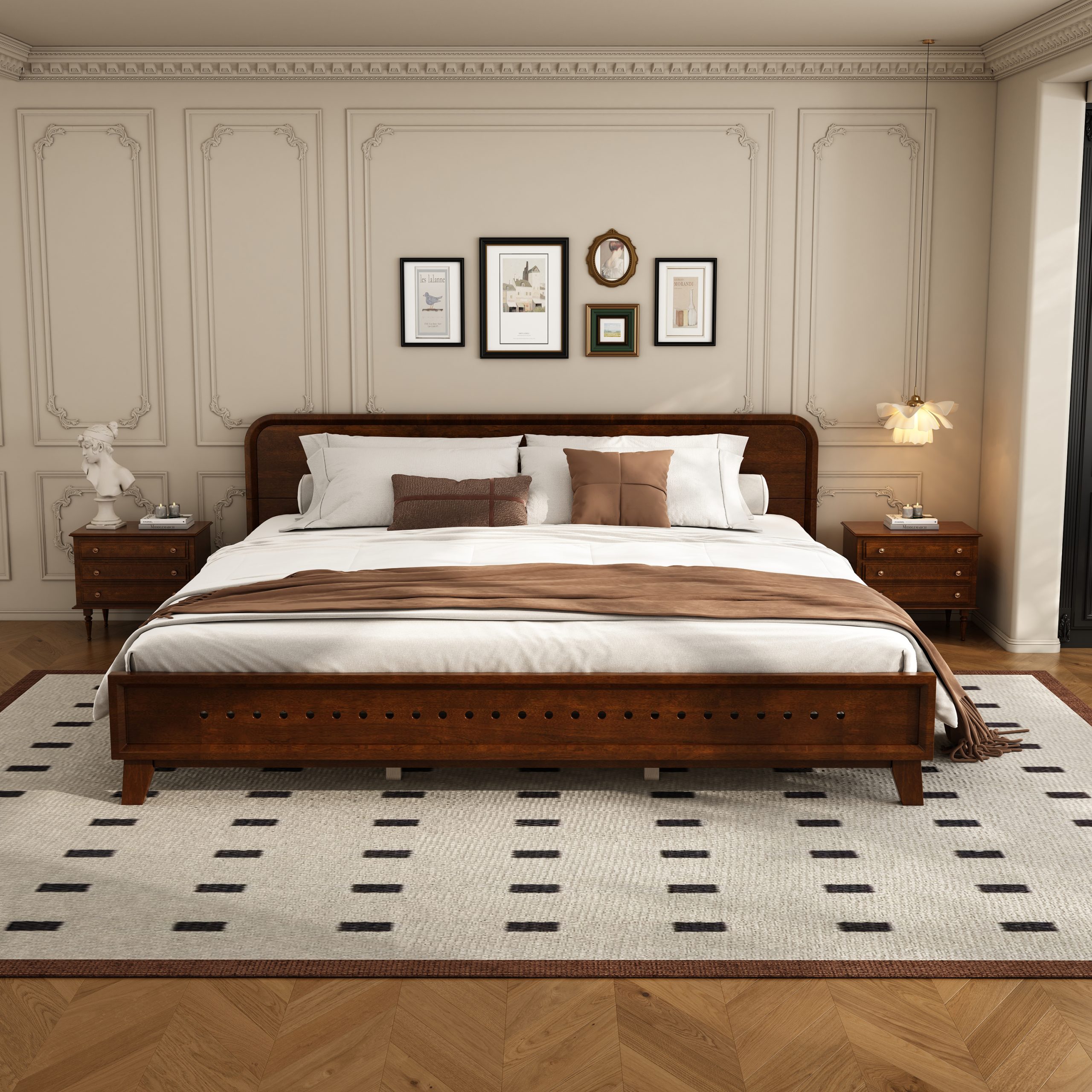 PINE SOLID WOOD KING SIZE BED, SOLID AND STABLE, NO BOX SPRING NEEDED, DARK WALNUT COLOR - Image 2