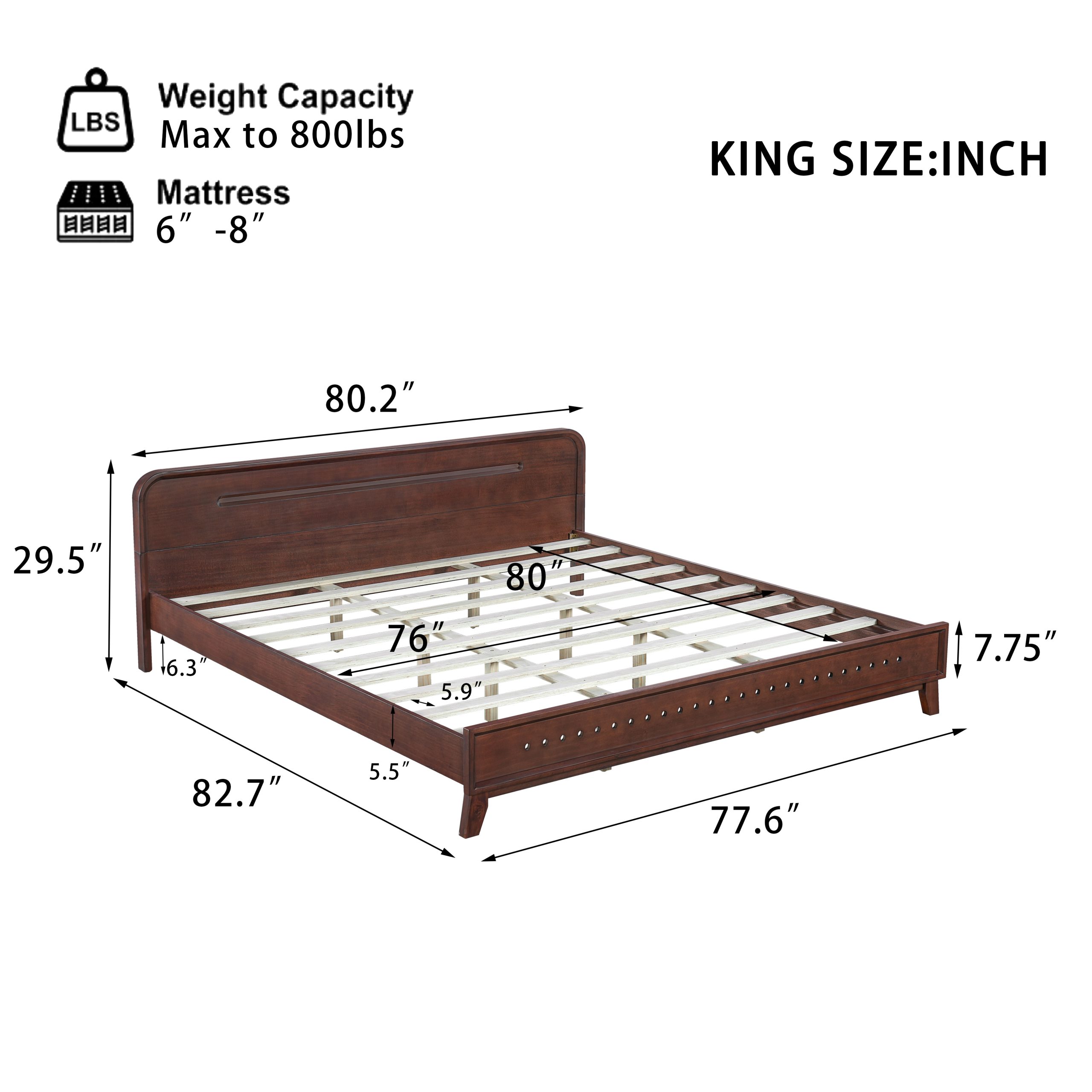 PINE SOLID WOOD KING SIZE BED, SOLID AND STABLE, NO BOX SPRING NEEDED, DARK WALNUT COLOR - Image 3