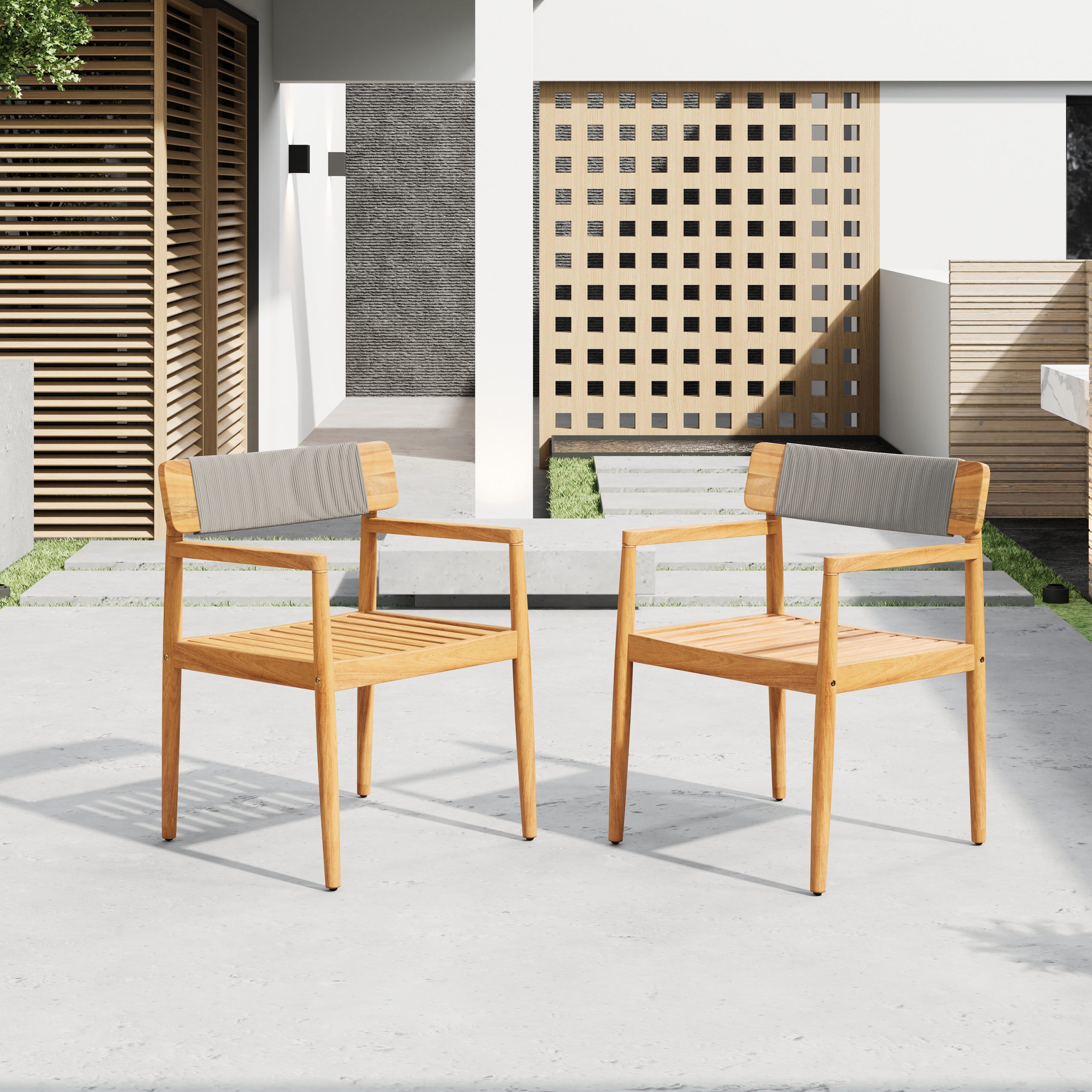 4-Piece Patio Furniture Set,Braided Acacia Wood Outdoor Dining Chairs with Armrests,Teak Look & Gray Rope Weave, All-Weather Garden, Backyard, Poolside Dining and Leisure - Image 3