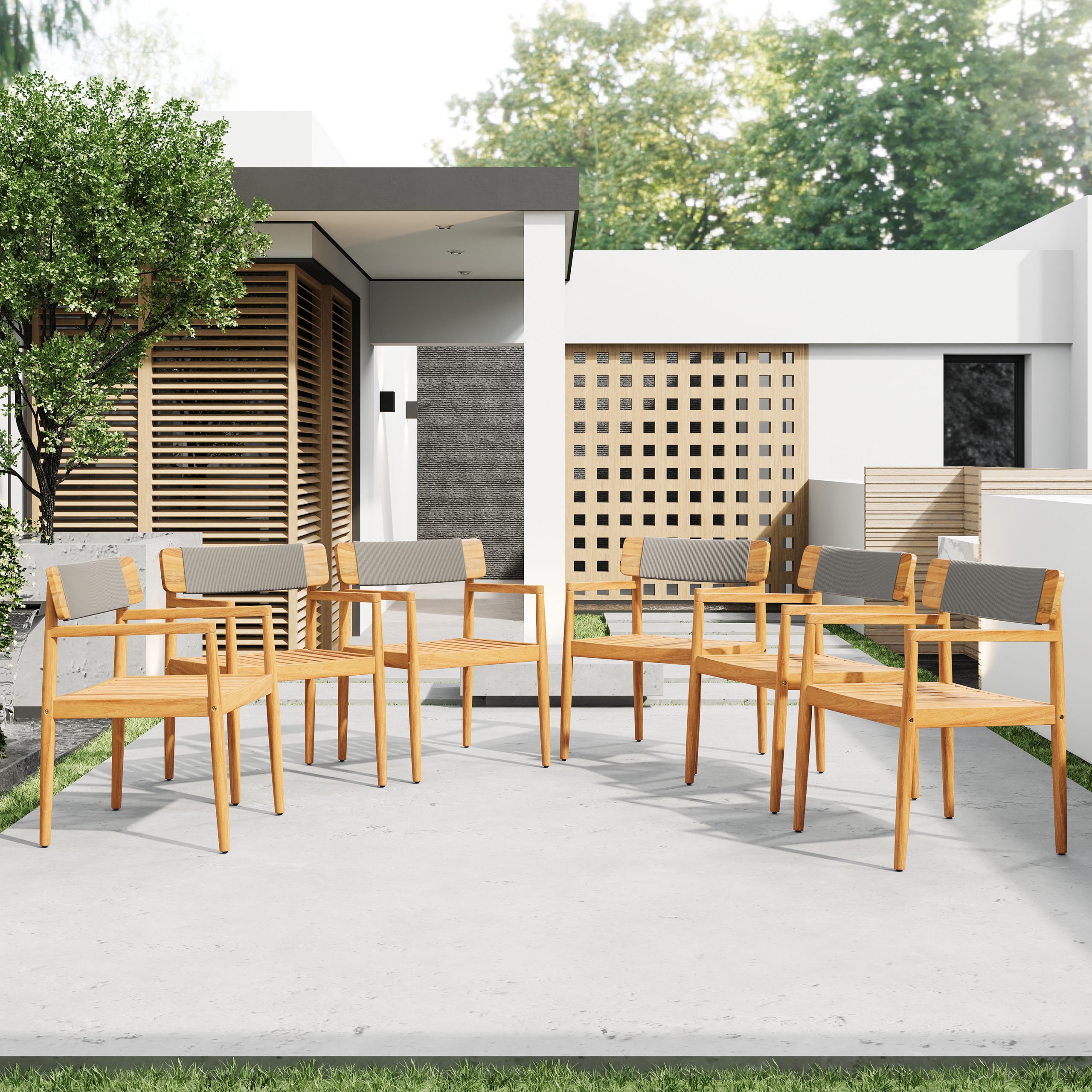 4-Piece Patio Furniture Set,Braided Acacia Wood Outdoor Dining Chairs with Armrests,Teak Look & Gray Rope Weave, All-Weather Garden, Backyard, Poolside Dining and Leisure - Image 4