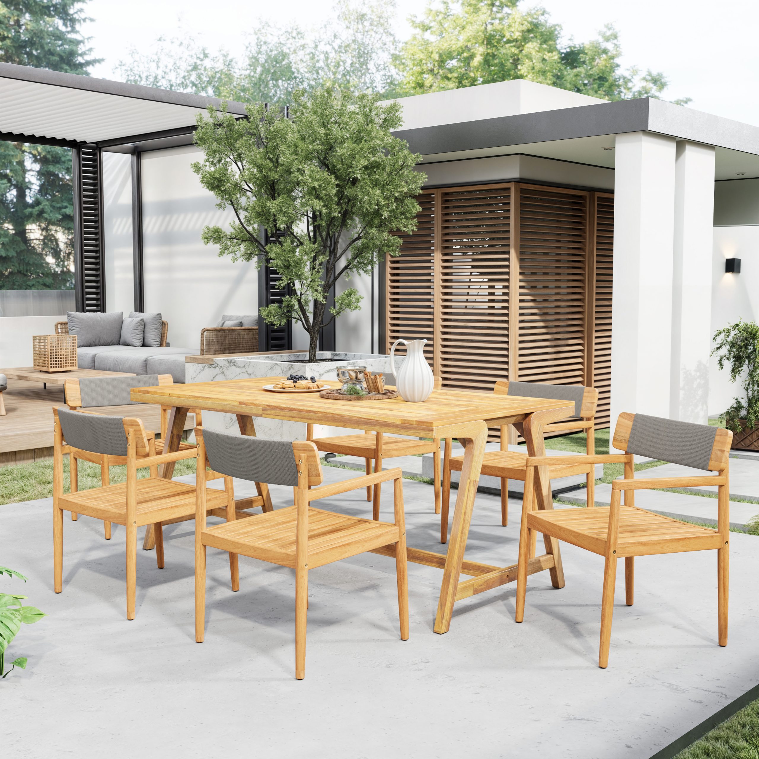 4-Piece Patio Furniture Set,Braided Acacia Wood Outdoor Dining Chairs with Armrests,Teak Look & Gray Rope Weave, All-Weather Garden, Backyard, Poolside Dining and Leisure - Image 5