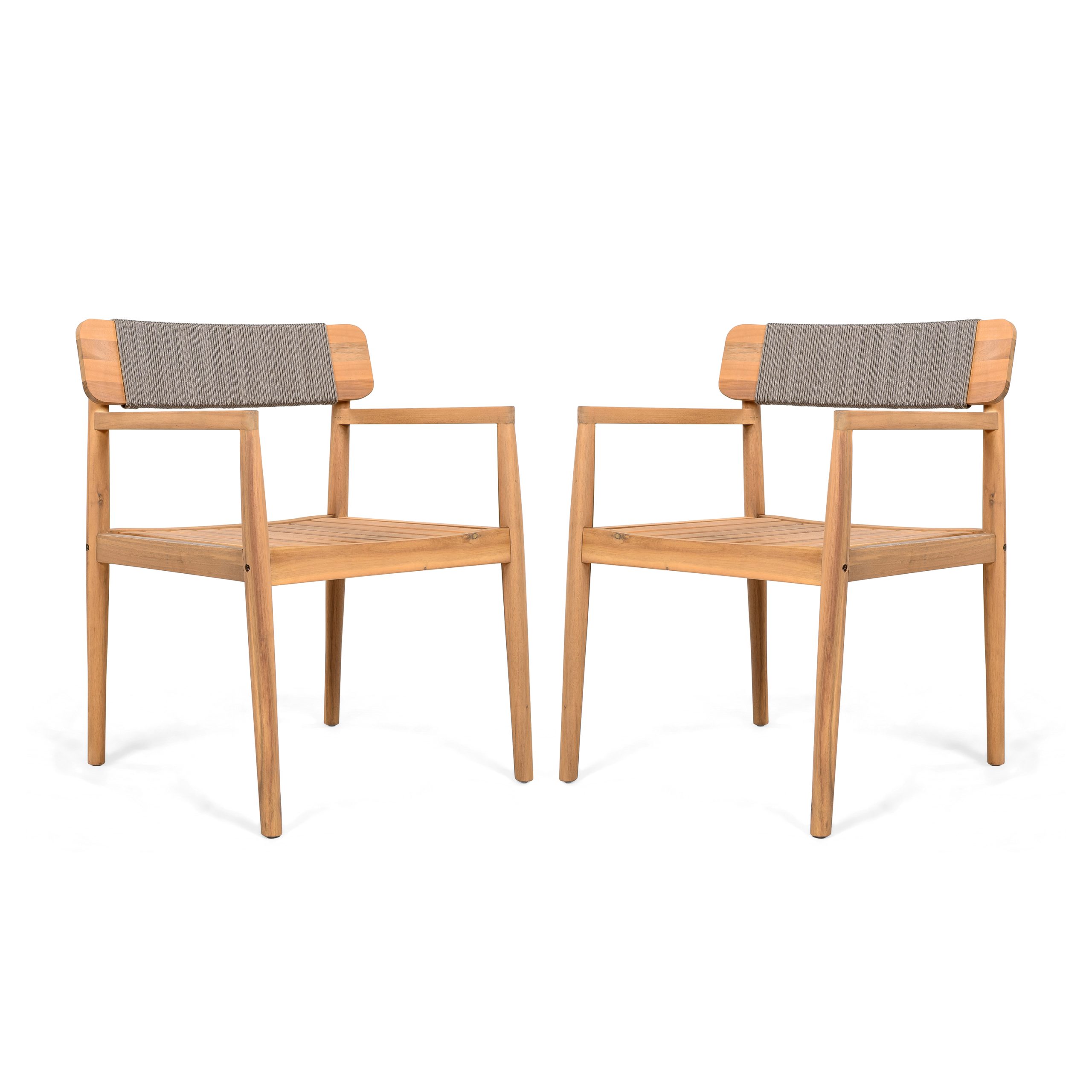 4-Piece Patio Furniture Set,Braided Acacia Wood Outdoor Dining Chairs with Armrests,Teak Look & Gray Rope Weave, All-Weather Garden, Backyard, Poolside Dining and Leisure - Image 6