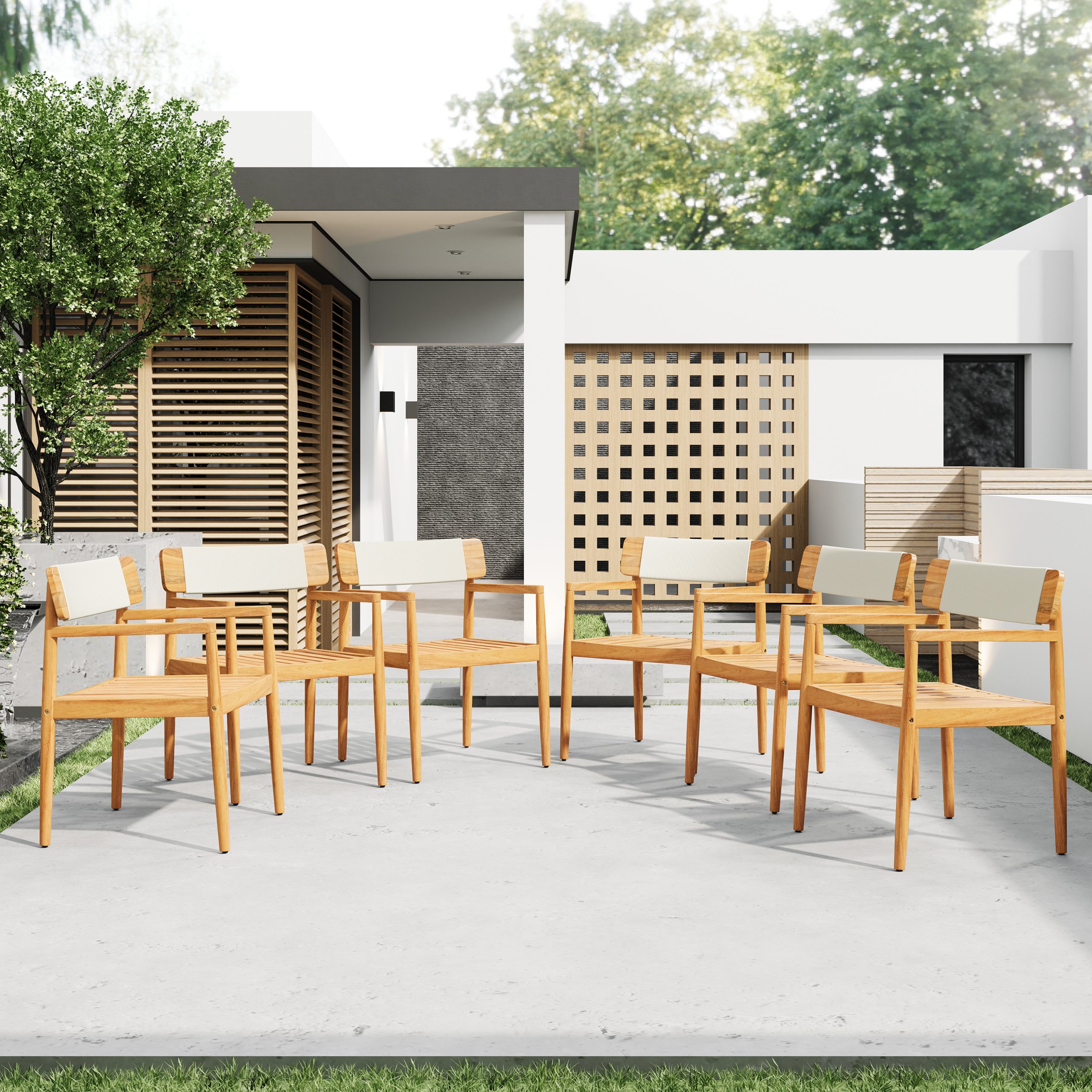 4-Piece Patio Furniture Set,Braided Acacia Wood Outdoor Dining Chairs with Armrests,Teak Look & White Rope Weave, All-Weather Garden, Backyard, Poolside Dining and Leisure - Image 4
