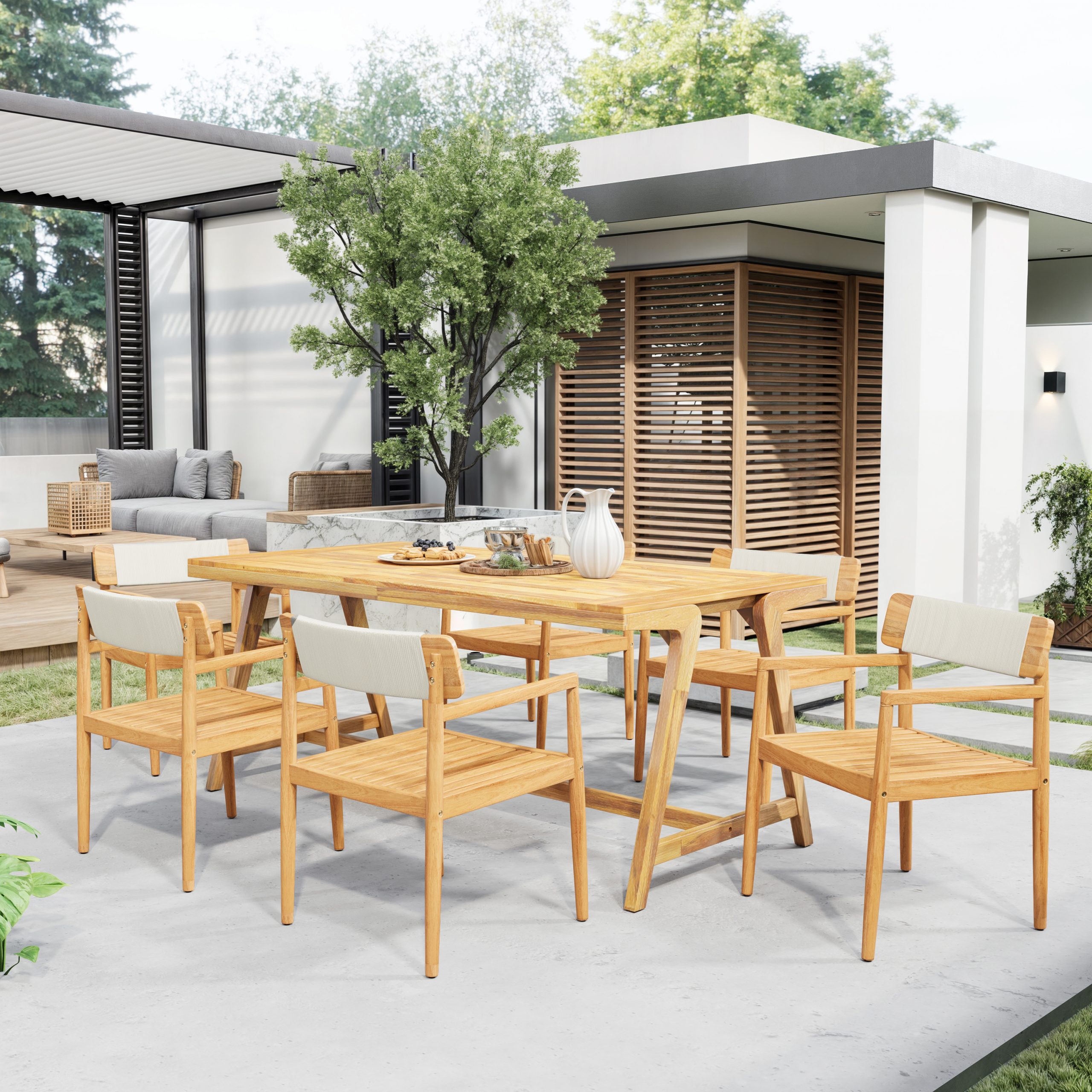 4-Piece Patio Furniture Set,Braided Acacia Wood Outdoor Dining Chairs with Armrests,Teak Look & White Rope Weave, All-Weather Garden, Backyard, Poolside Dining and Leisure - Image 5