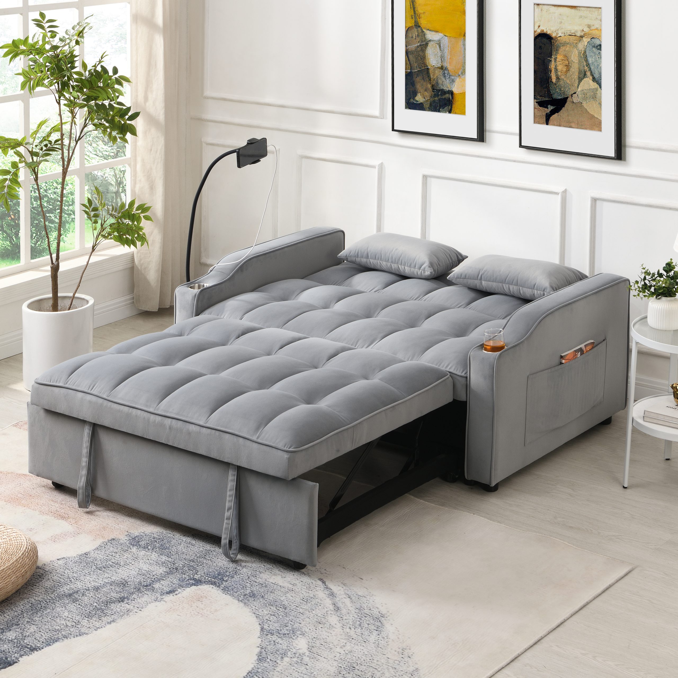 Modern Velvet Loveseat Futon Sofa Couch w/Pullout Bed,Small Love Seat Lounge Sofa with adjustable Reclining Backrest,Toss Pillows, Pockets,Furniture for Living Room,3 in 1 Convertible Sleeper Sofa Bed - Image 2