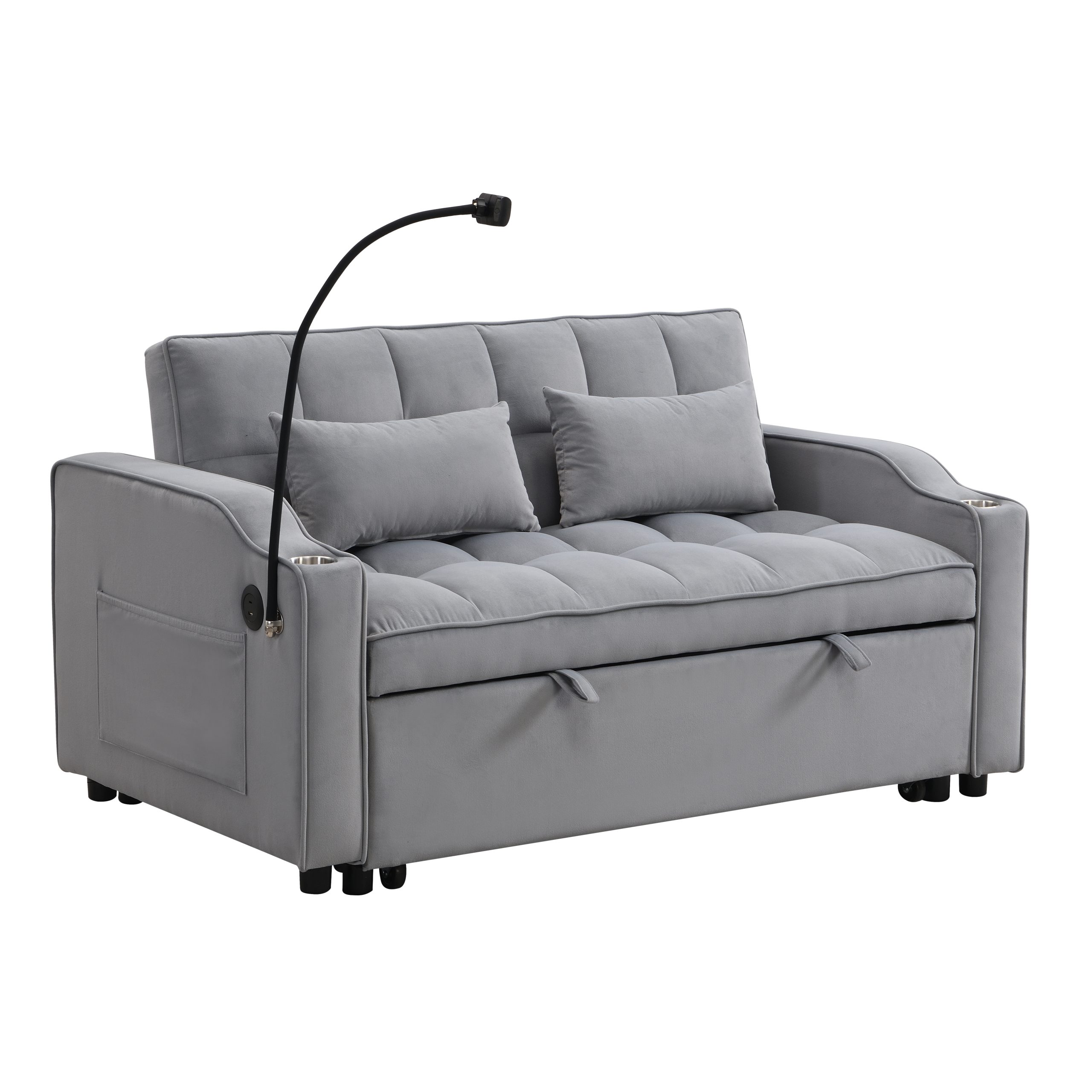 Modern Velvet Loveseat Futon Sofa Couch w/Pullout Bed,Small Love Seat Lounge Sofa with adjustable Reclining Backrest,Toss Pillows, Pockets,Furniture for Living Room,3 in 1 Convertible Sleeper Sofa Bed - Image 4