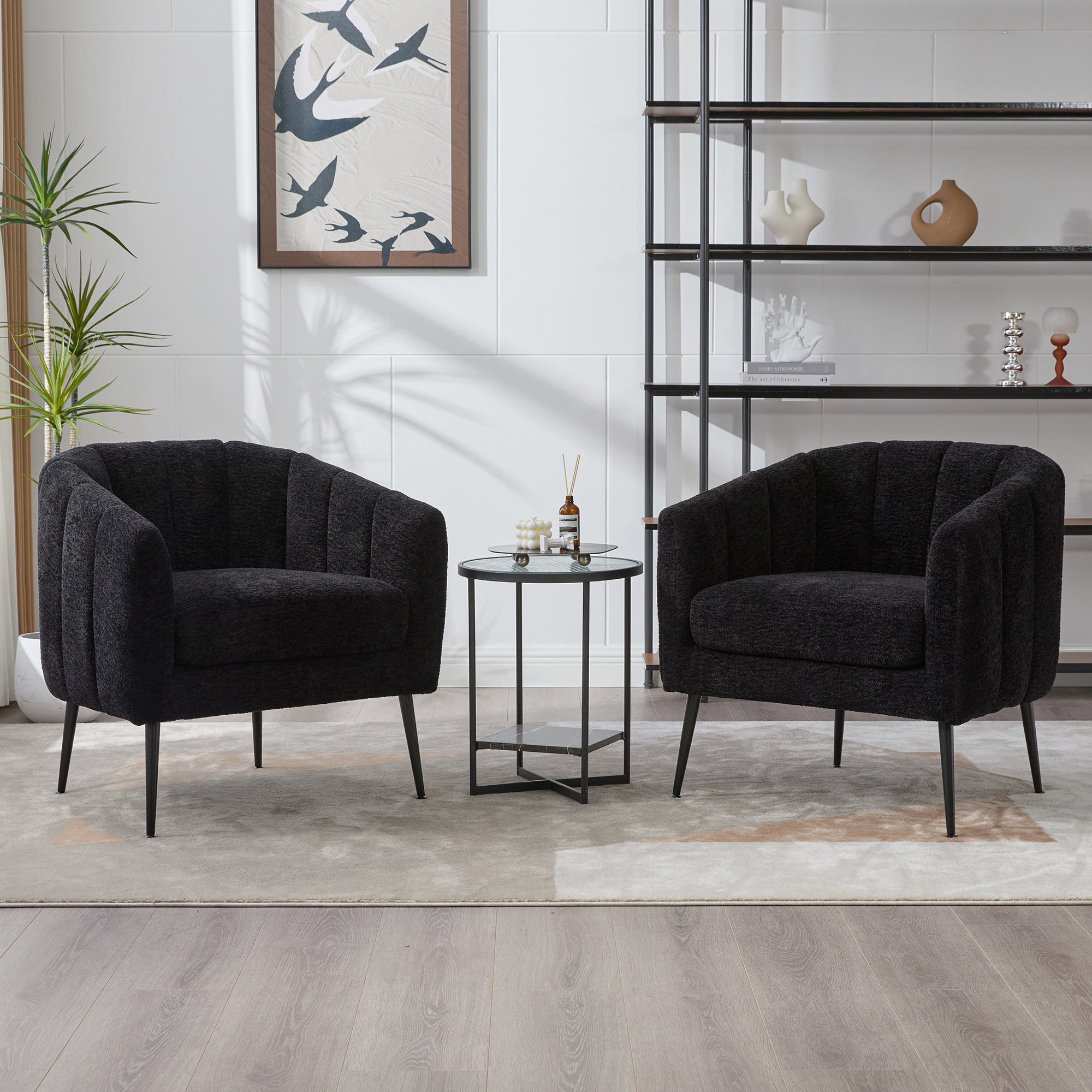 29.9'' Modern Upholstered Chenille Vanity Barrel Accent Chair with Metal Legs, Channel Tufted Lounge Chair Single Sofa Round Leisure Armchair for Bedroom Living Room Reception Study Room Office,Black - Image 2