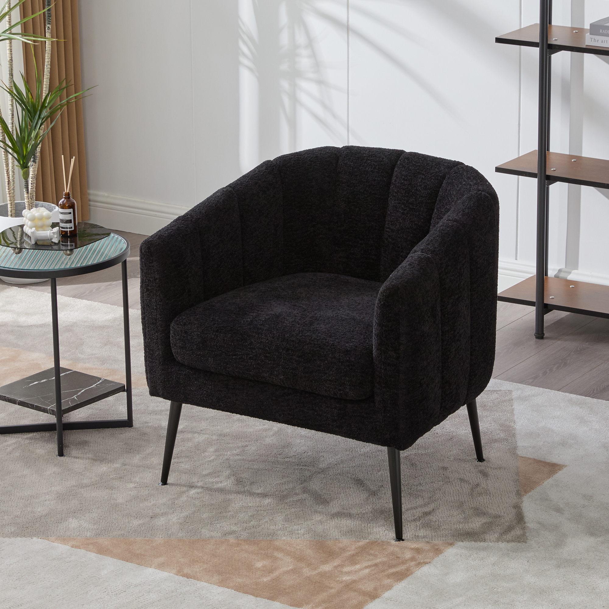 29.9'' Modern Upholstered Chenille Vanity Barrel Accent Chair with Metal Legs, Channel Tufted Lounge Chair Single Sofa Round Leisure Armchair for Bedroom Living Room Reception Study Room Office,Black - Image 3