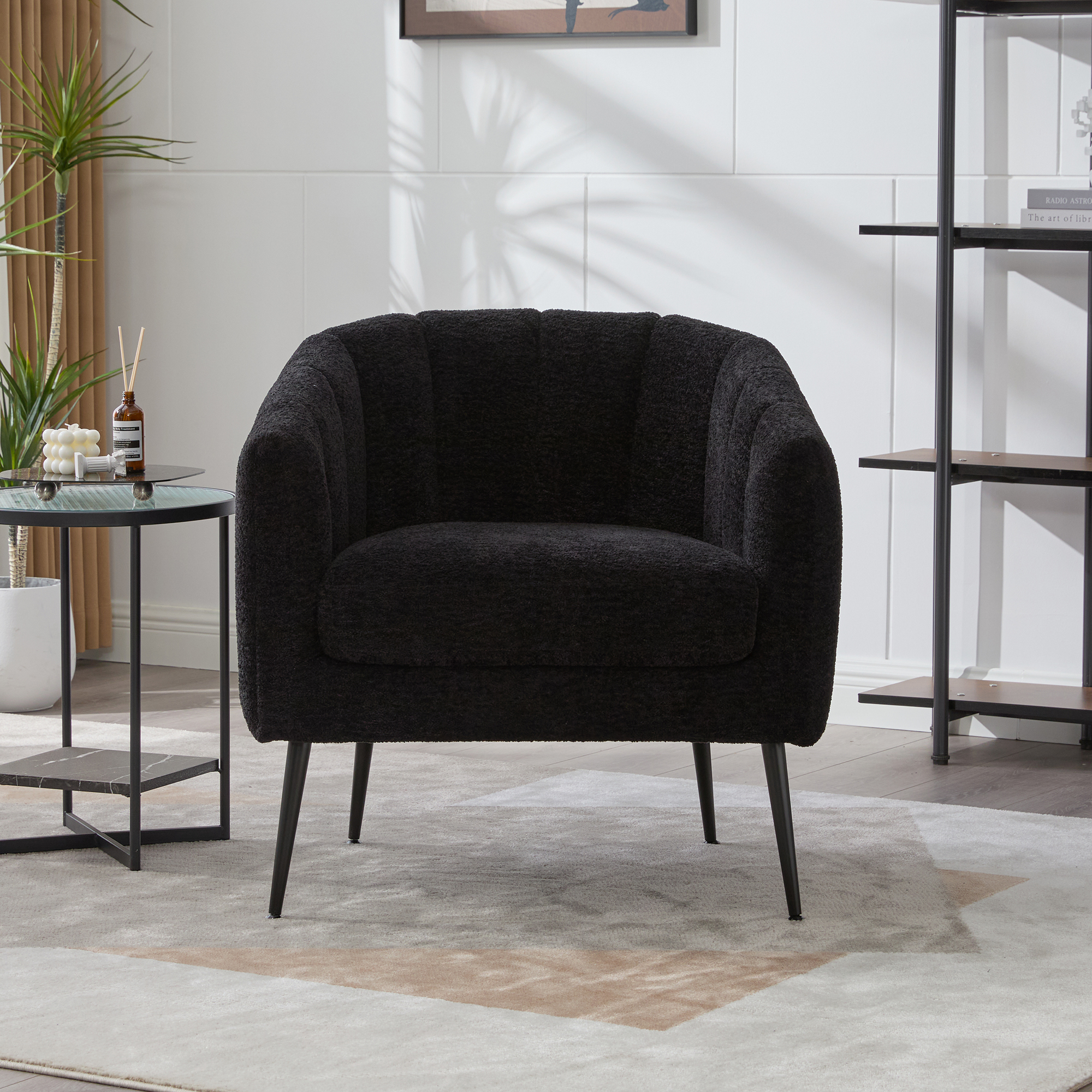 29.9'' Modern Upholstered Chenille Vanity Barrel Accent Chair with Metal Legs, Channel Tufted Lounge Chair Single Sofa Round Leisure Armchair for Bedroom Living Room Reception Study Room Office,Black - Image 4