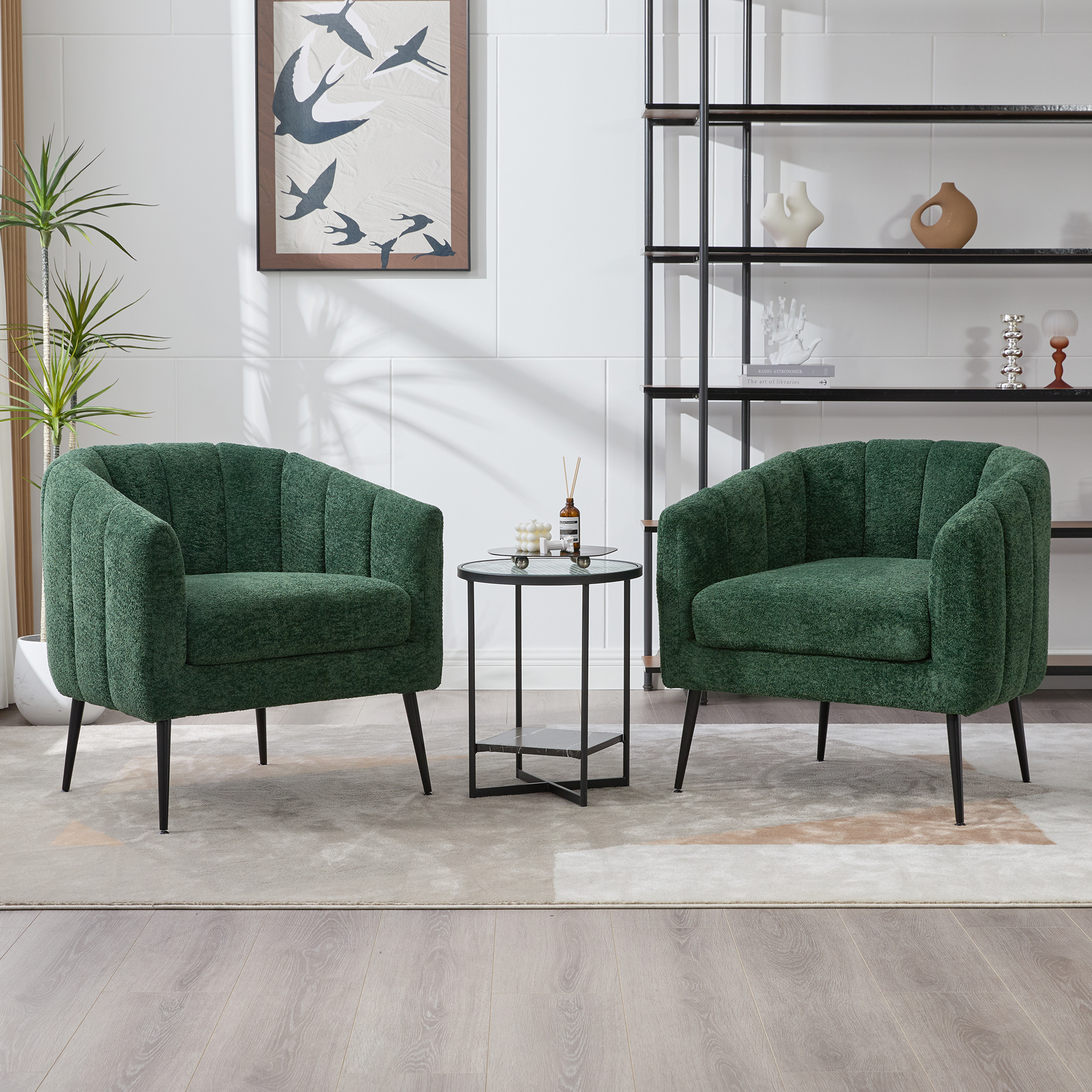 29.9'' Modern Upholstered Chenille Vanity Barrel Accent Chair with Metal Legs, Channel Tufted Lounge Chair Single Sofa Round Leisure Armchair for Bedroom Living Room Reception Study Room Office,Green - Image 2