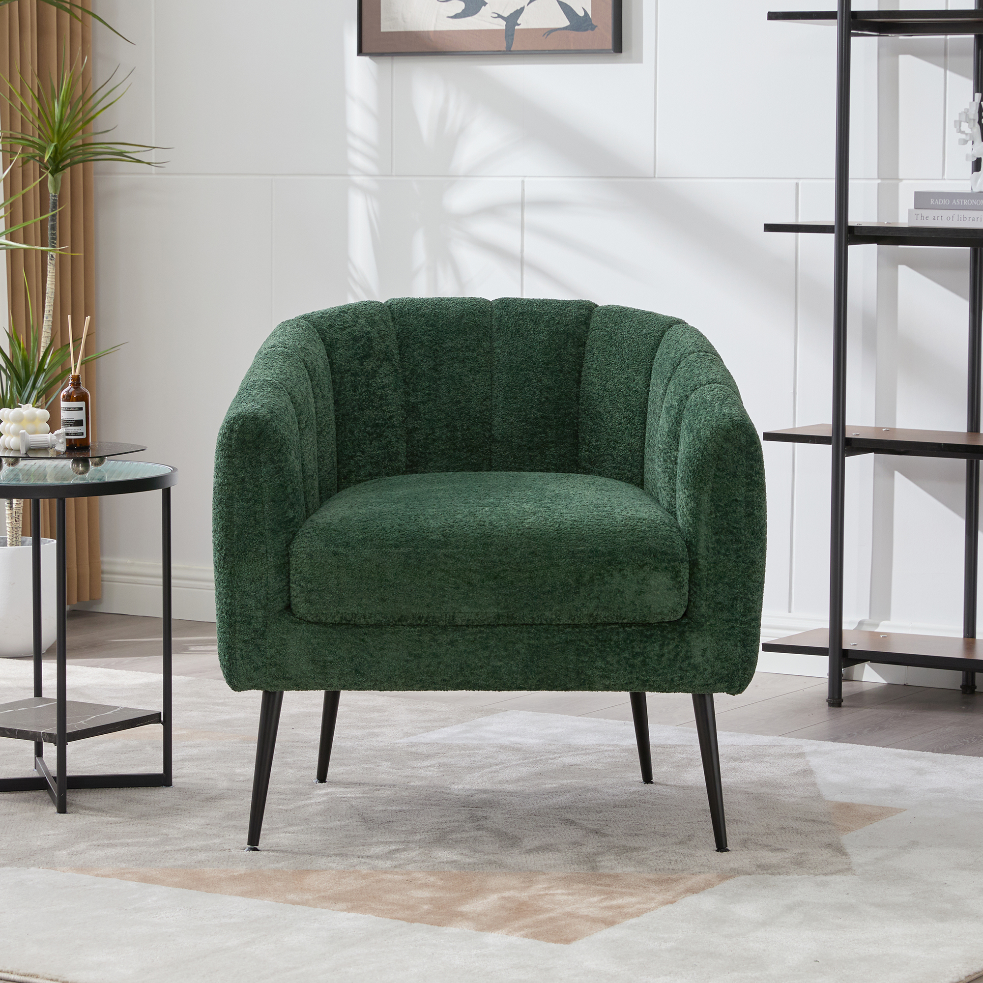 29.9'' Modern Upholstered Chenille Vanity Barrel Accent Chair with Metal Legs, Channel Tufted Lounge Chair Single Sofa Round Leisure Armchair for Bedroom Living Room Reception Study Room Office,Green - Image 4