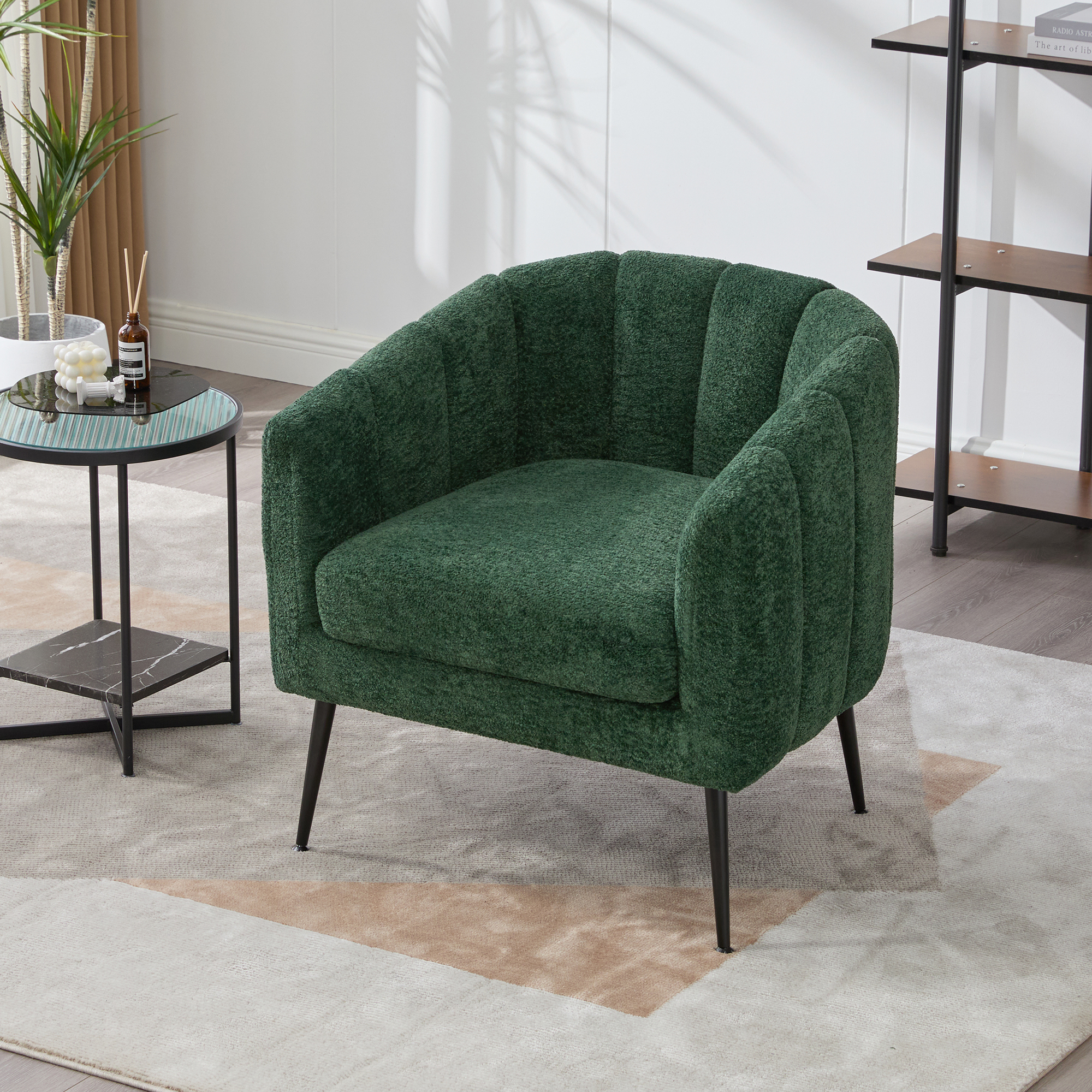 29.9'' Modern Upholstered Chenille Vanity Barrel Accent Chair with Metal Legs, Channel Tufted Lounge Chair Single Sofa Round Leisure Armchair for Bedroom Living Room Reception Study Room Office,Green - Image 3