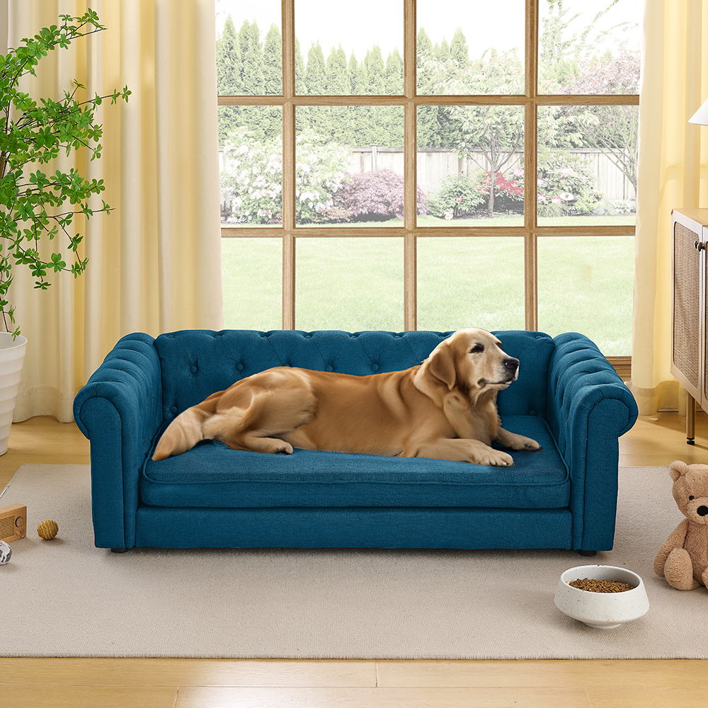Elegant rectangular pet bed for big and oversized dogs, durable elevated dog sofa bed, comfortable dog sofa, modern and fashionable linen fabric dog sofa-DARK BLUE - Image 2