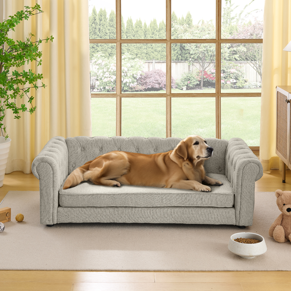 Elegant rectangular pet bed for big and oversized dogs, durable elevated dog sofa bed, comfortable dog sofa, modern and fashionable linen fabric dog sofa-Beige - Image 2