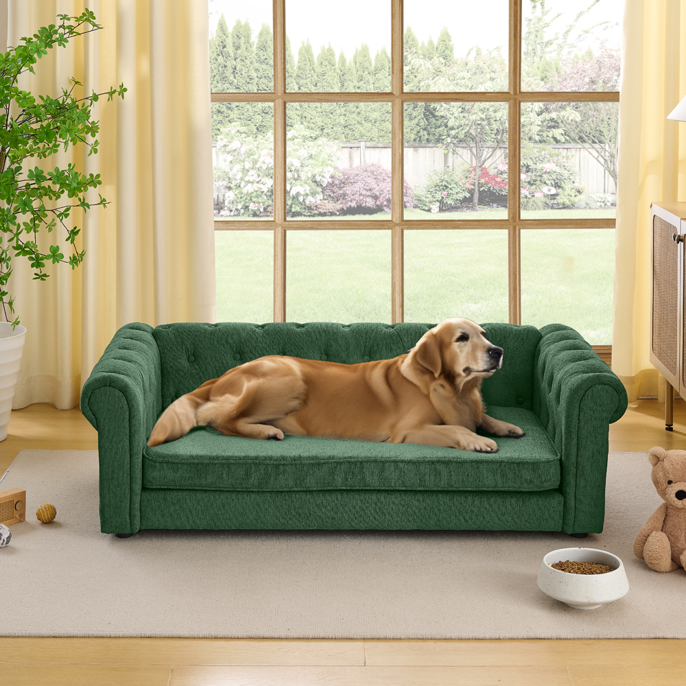 Elegant rectangular pet bed for big and oversized dogs, durable elevated dog sofa bed, comfortable dog sofa, modern and fashionable linen fabric dog sofa-OLIVE GREEN - Image 2
