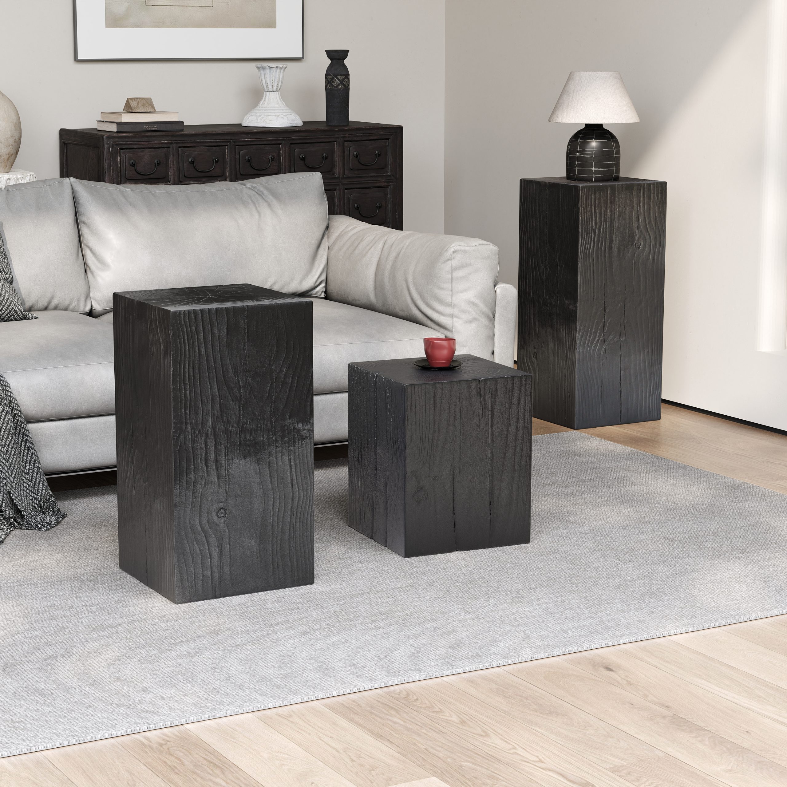 Retro natural style Side Table Set ,Stackable End Tables,Square-Column MGO Side Table for for Living Room, Bedroom, Office, Black Color - Image 6