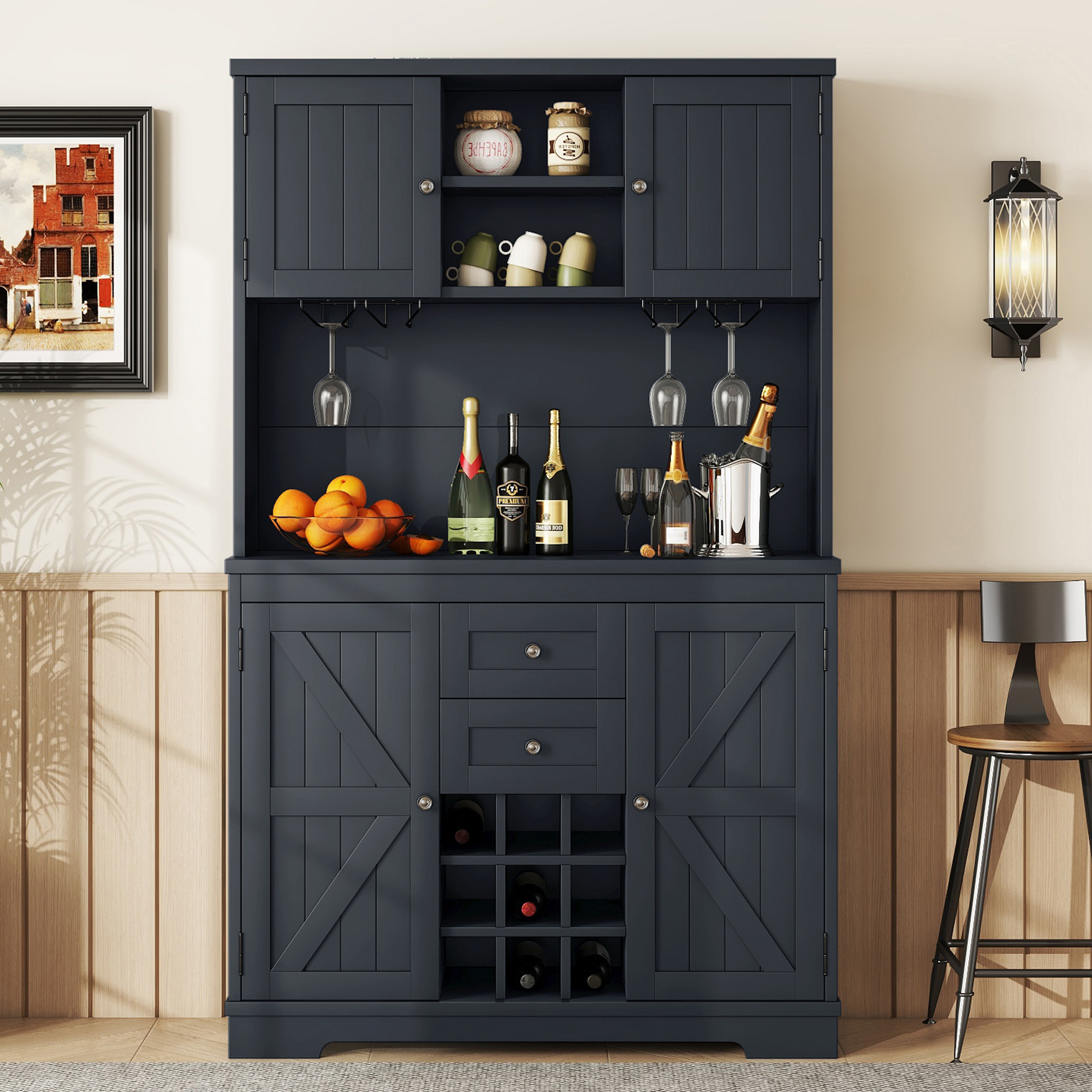 Coffee Bar Cabinet Kitchen Cabinet with Storage, Farmhouse Wine Cabinet with Drawers shelves and cabinets, Buffet Cabinet Wine & Glass Racks for Dining Room, Kitchen, Dark Blue - Image 2