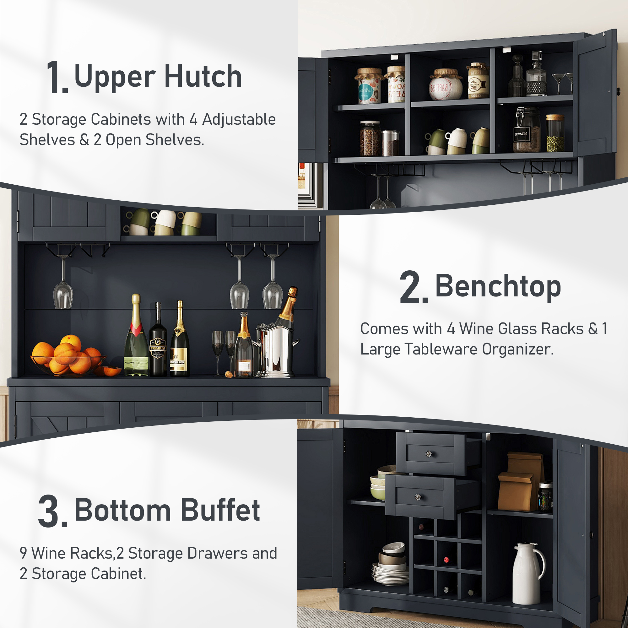 Coffee Bar Cabinet Kitchen Cabinet with Storage, Farmhouse Wine Cabinet with Drawers shelves and cabinets, Buffet Cabinet Wine & Glass Racks for Dining Room, Kitchen, Dark Blue - Image 4
