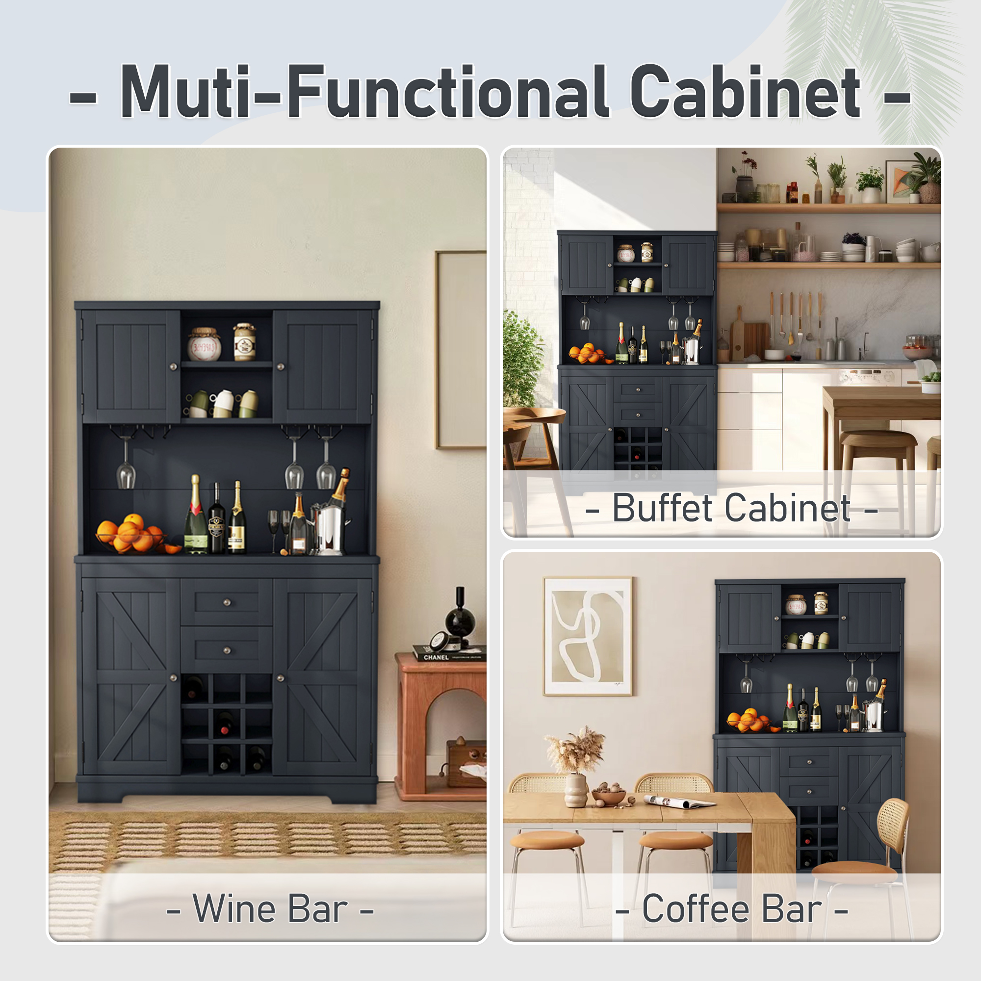 Coffee Bar Cabinet Kitchen Cabinet with Storage, Farmhouse Wine Cabinet with Drawers shelves and cabinets, Buffet Cabinet Wine & Glass Racks for Dining Room, Kitchen, Dark Blue - Image 5
