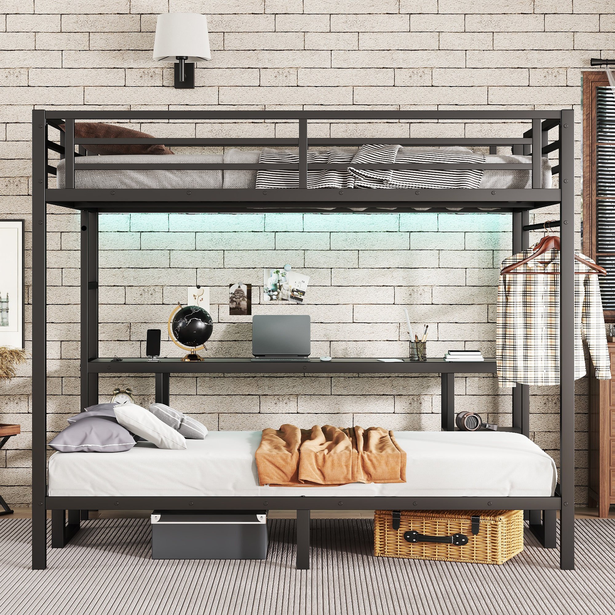 Queen Over Twin XL Metal Bunk Bed/Loft Bed with Desk and Shelves, Multiple Uses Folds into Sofa with LED and USB, Black - Image 2
