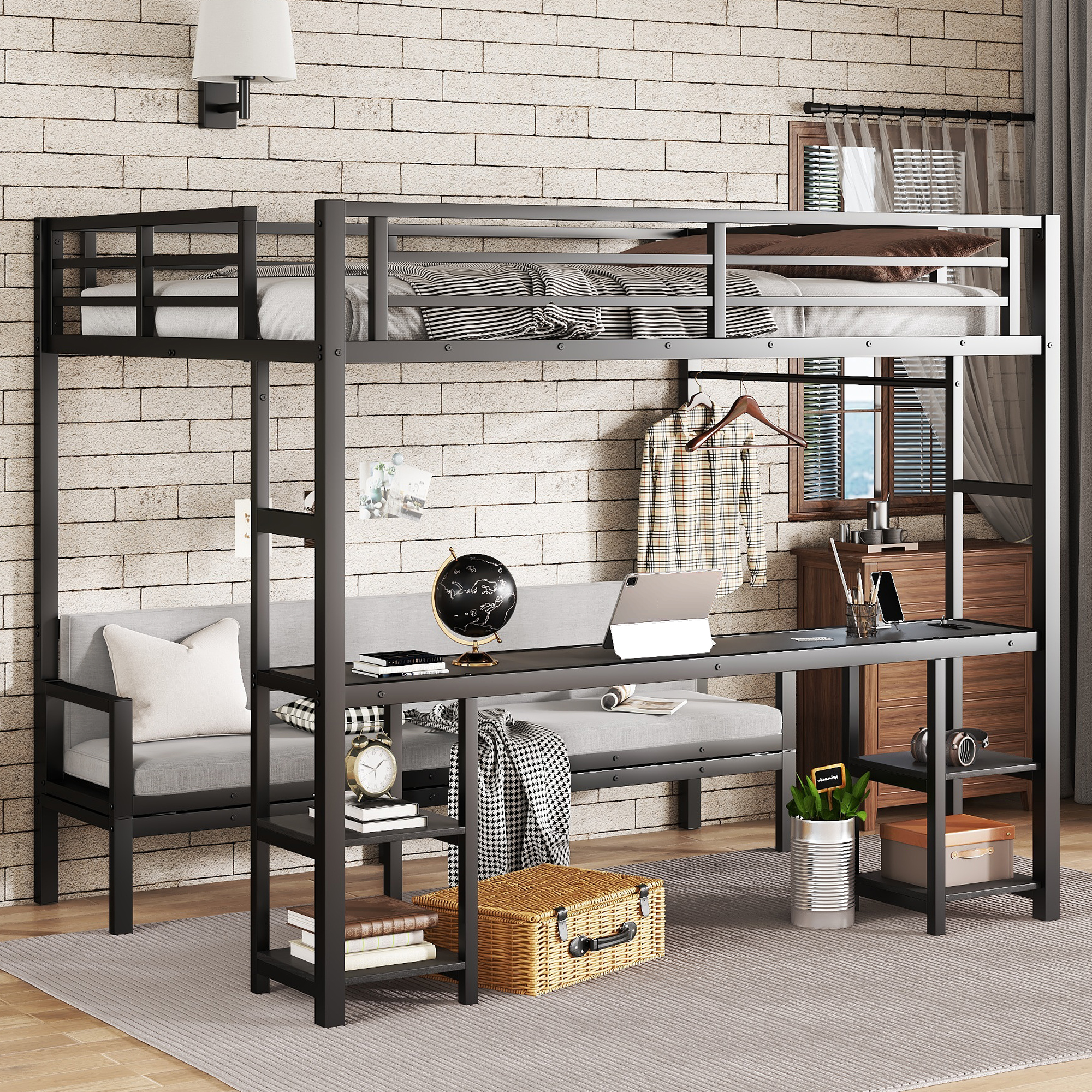 Queen Over Twin XL Metal Bunk Bed/Loft Bed with Desk and Shelves, Multiple Uses Folds into Sofa with LED and USB, Black - Image 3