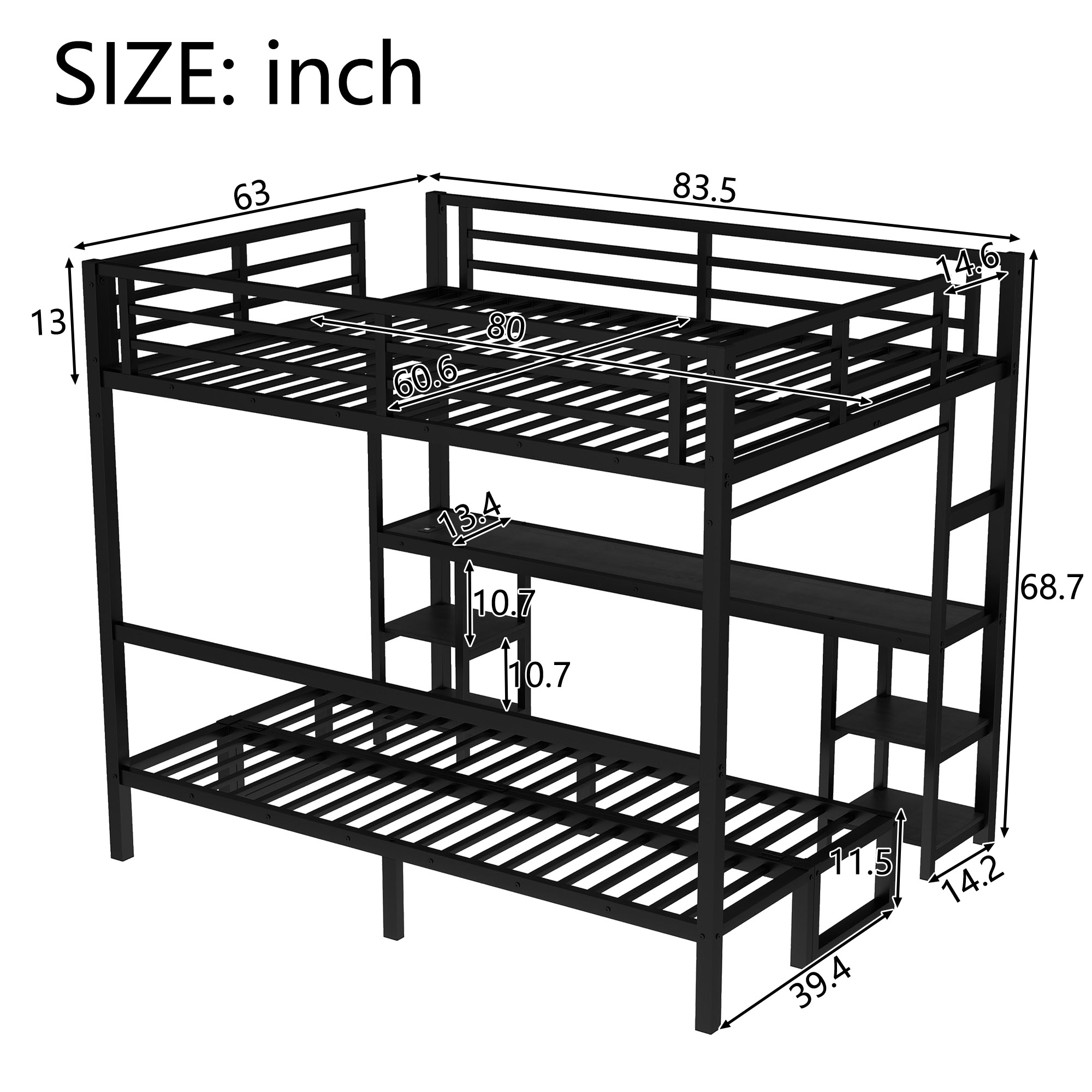 Queen Over Twin XL Metal Bunk Bed/Loft Bed with Desk and Shelves, Multiple Uses Folds into Sofa with LED and USB, Black - Image 4
