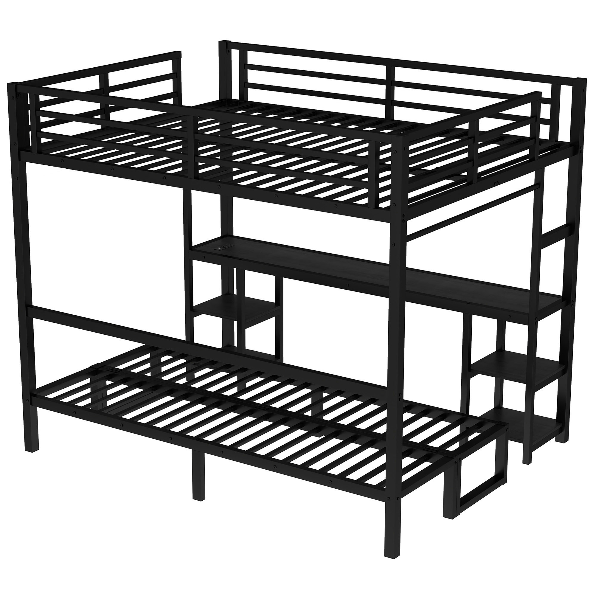 Queen Over Twin XL Metal Bunk Bed/Loft Bed with Desk and Shelves, Multiple Uses Folds into Sofa with LED and USB, Black - Image 5