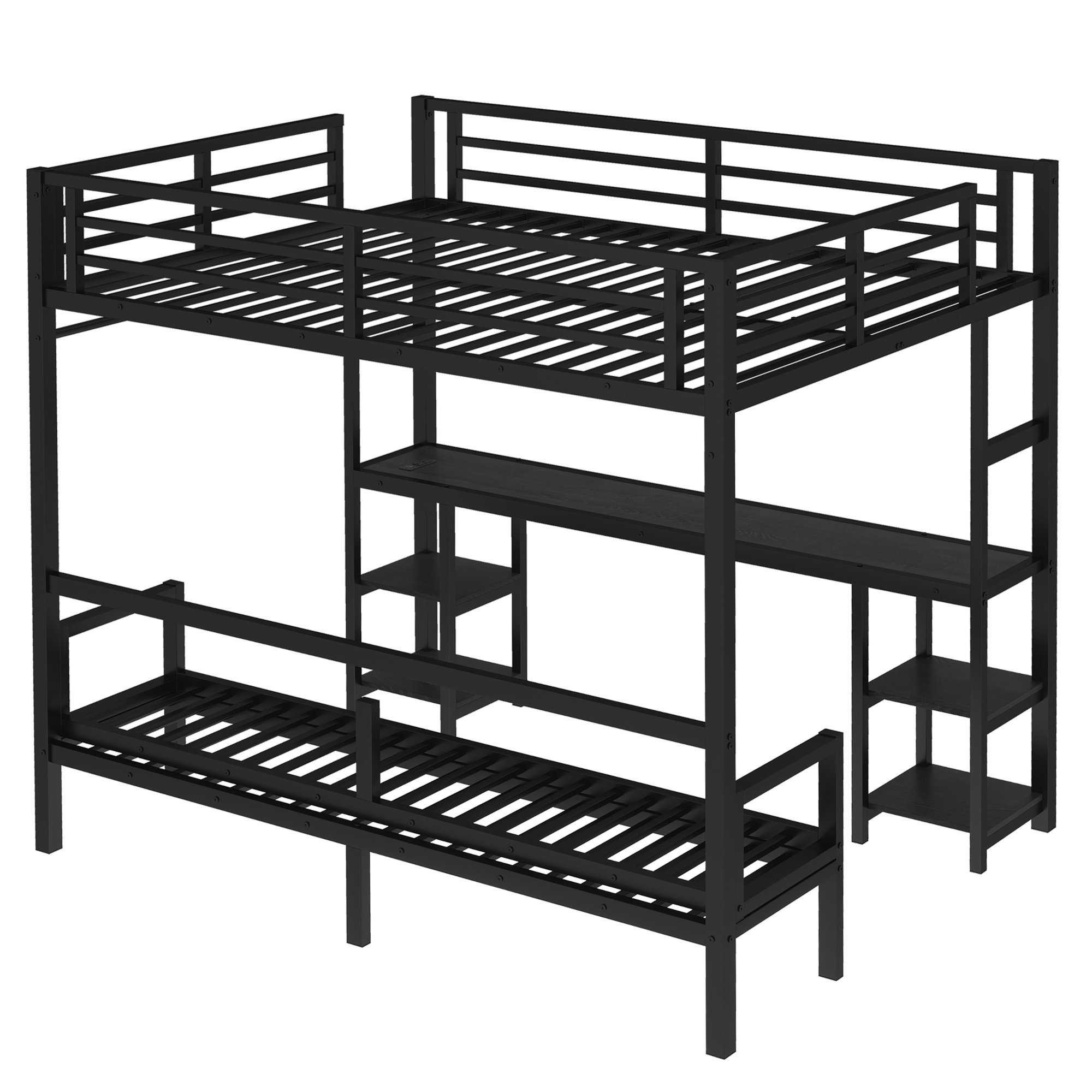 Queen Over Twin XL Metal Bunk Bed/Loft Bed with Desk and Shelves, Multiple Uses Folds into Sofa with LED and USB, Black - Image 6