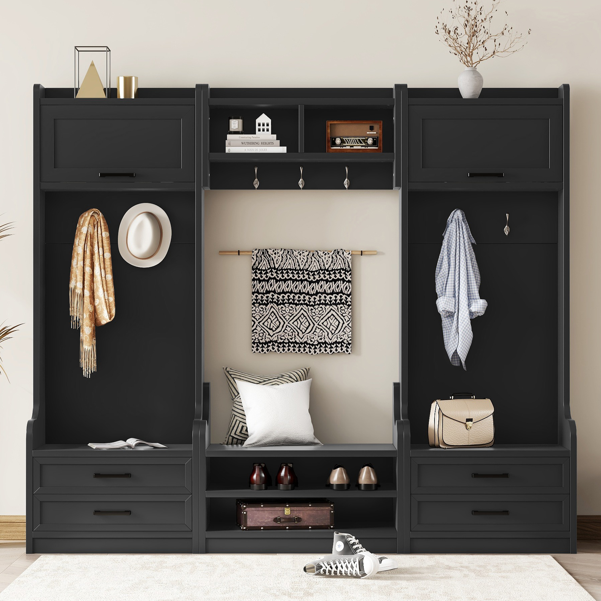 4-in-1 Detachable Hall Tree with Storage and 7 Hooks, Multiple Functions Hallway Coat Rack with Storage Drawers and Cabinet, Black Shoe Bench for Entryway Hallway - Image 2