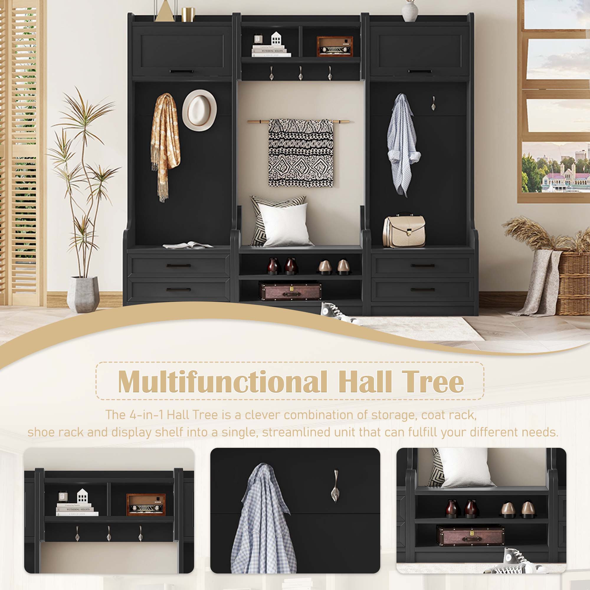 4-in-1 Detachable Hall Tree with Storage and 7 Hooks, Multiple Functions Hallway Coat Rack with Storage Drawers and Cabinet, Black Shoe Bench for Entryway Hallway - Image 3