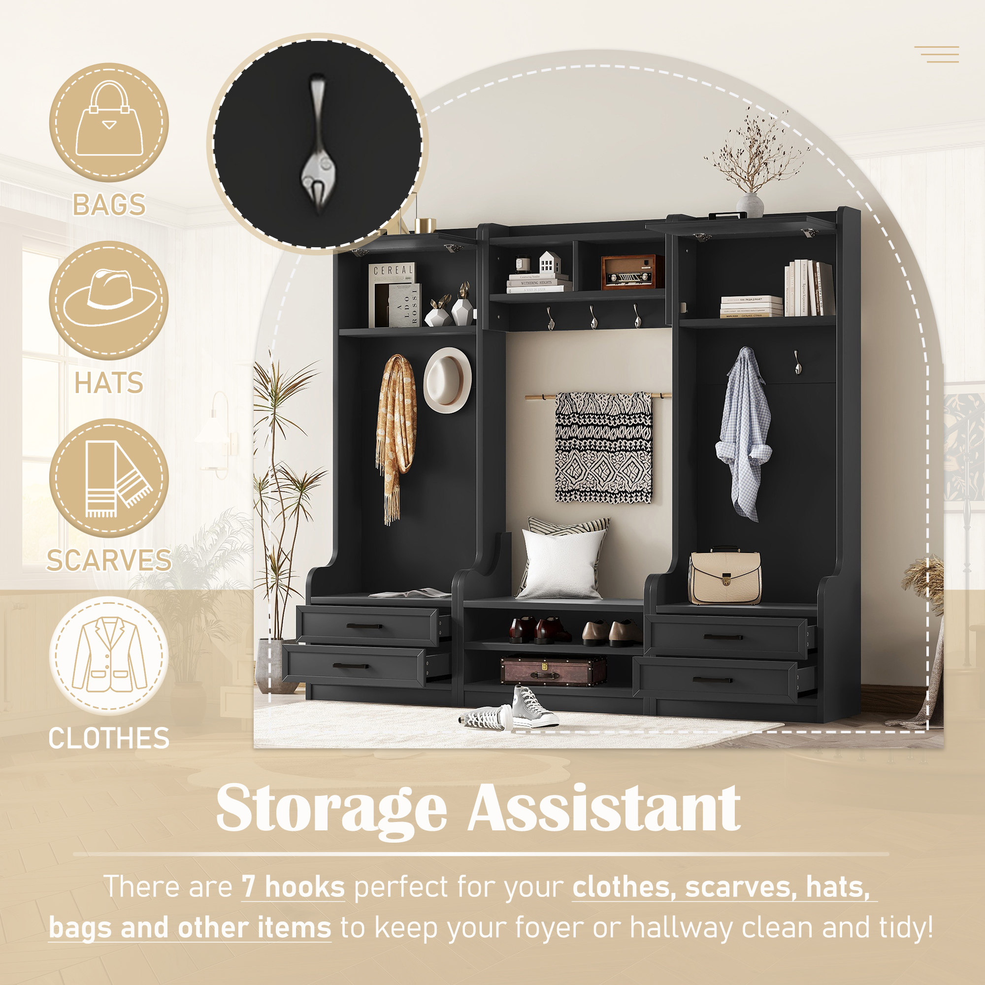 4-in-1 Detachable Hall Tree with Storage and 7 Hooks, Multiple Functions Hallway Coat Rack with Storage Drawers and Cabinet, Black Shoe Bench for Entryway Hallway - Image 4