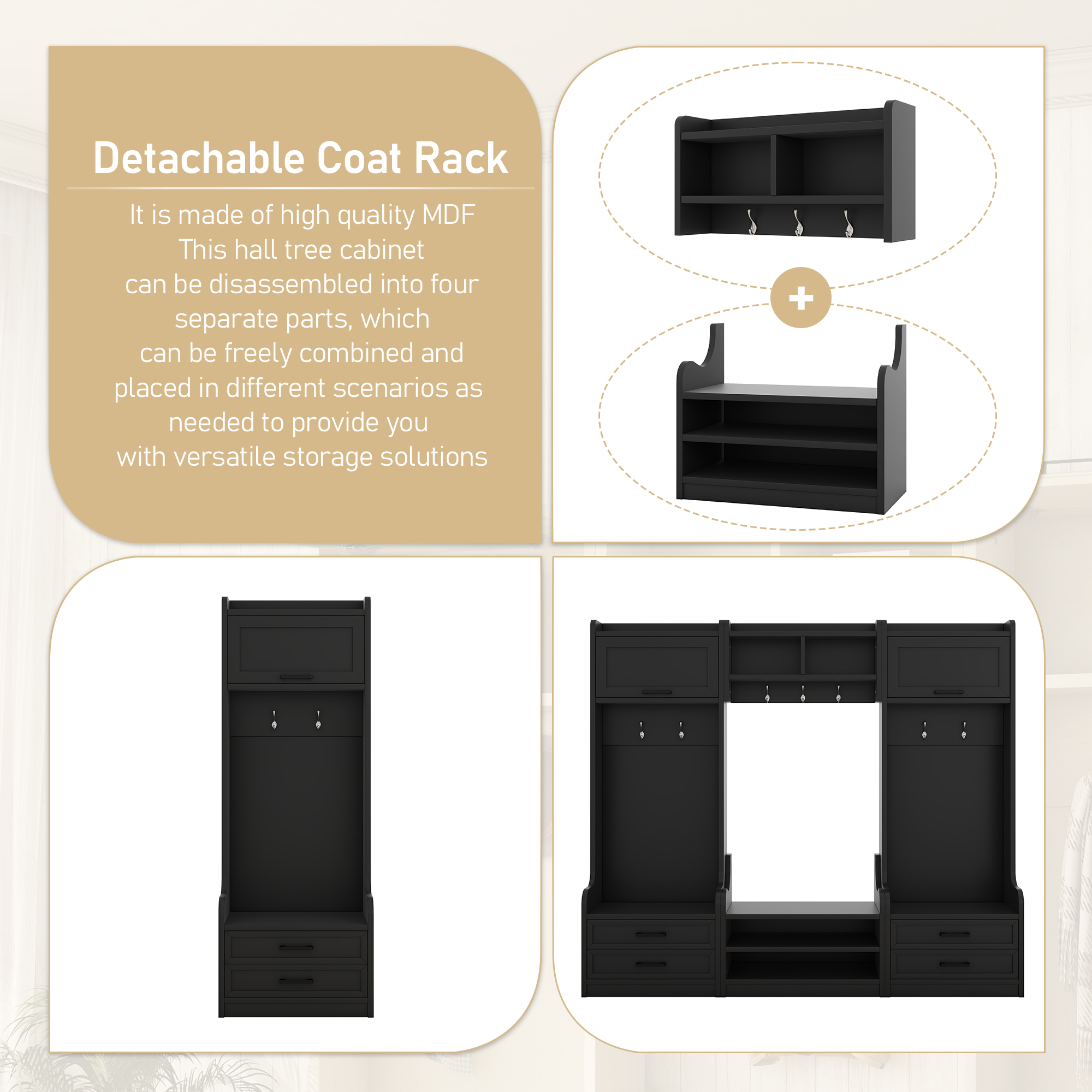 4-in-1 Detachable Hall Tree with Storage and 7 Hooks, Multiple Functions Hallway Coat Rack with Storage Drawers and Cabinet, Black Shoe Bench for Entryway Hallway - Image 6