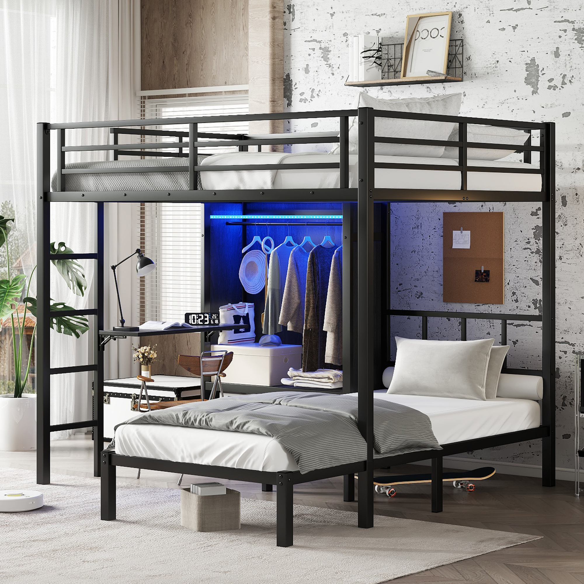 Full XL Over Twin Metal Bunk Bed with Folding Desk, Closet with LED ,Space-Saving/Noise Reduced, Black - Image 1