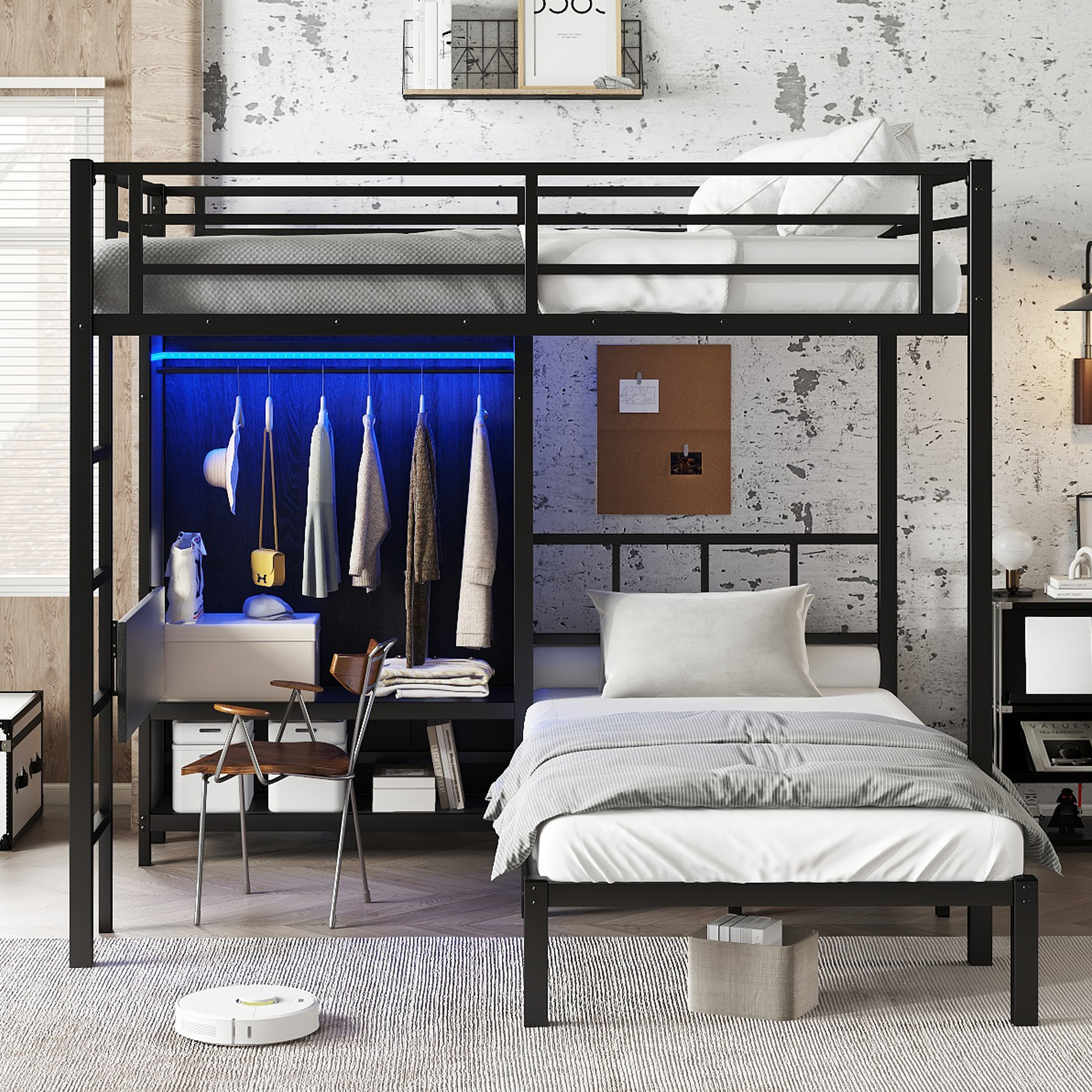 Full XL Over Twin Metal Bunk Bed with Folding Desk, Closet with LED ,Space-Saving/Noise Reduced, Black - Image 2