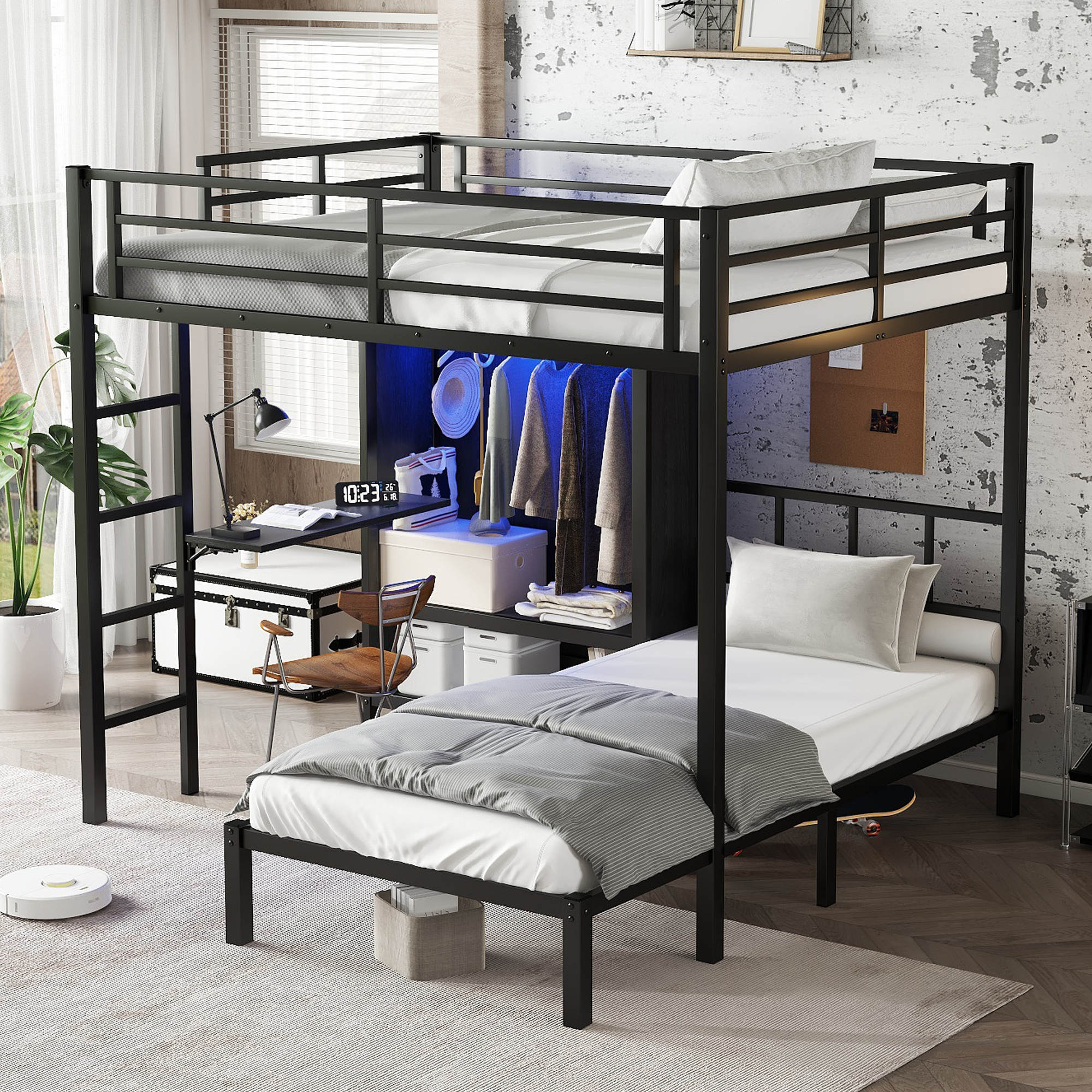 Full XL Over Twin Metal Bunk Bed with Folding Desk, Closet with LED ,Space-Saving/Noise Reduced, Black - Image 3