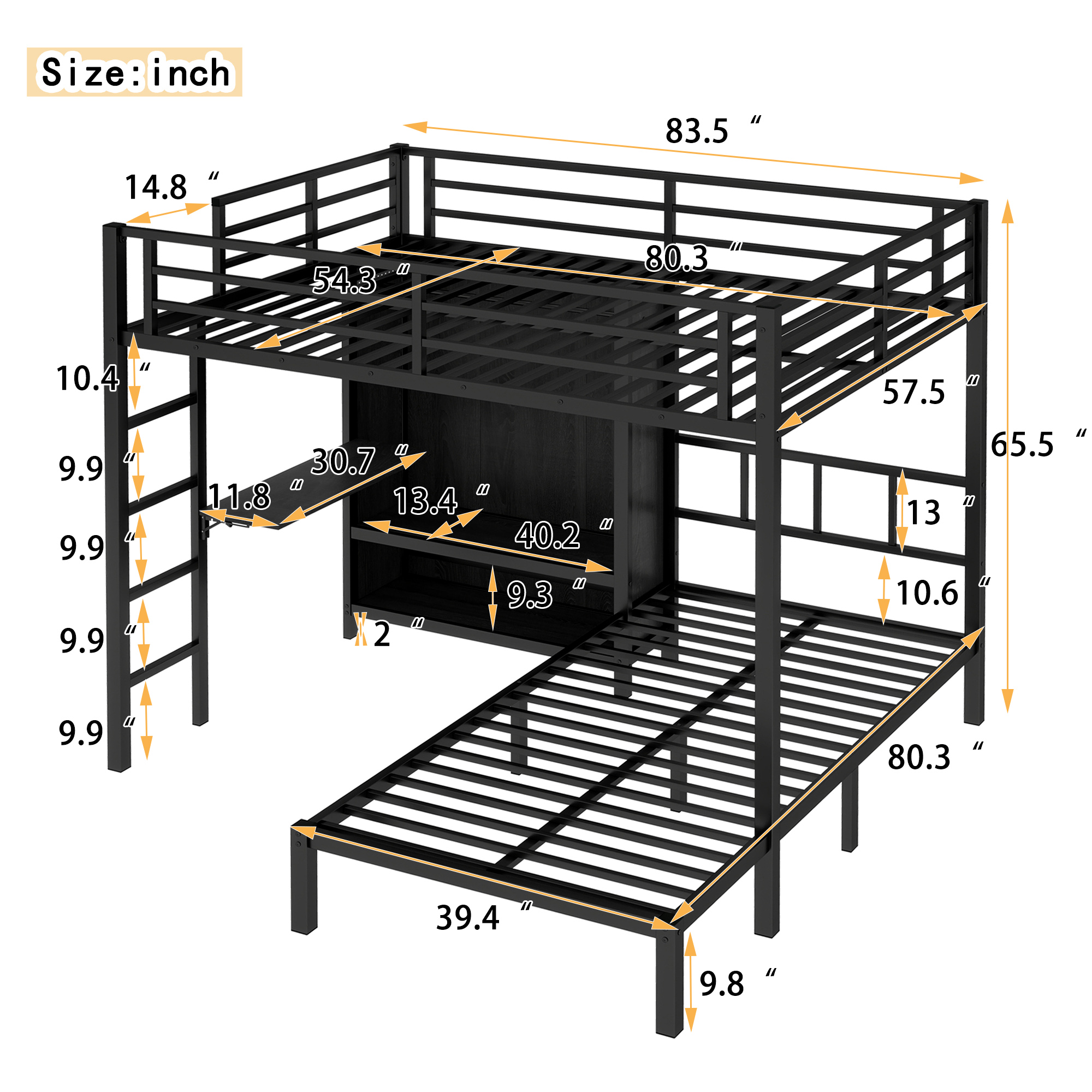 Full XL Over Twin Metal Bunk Bed with Folding Desk, Closet with LED ,Space-Saving/Noise Reduced, Black - Image 4