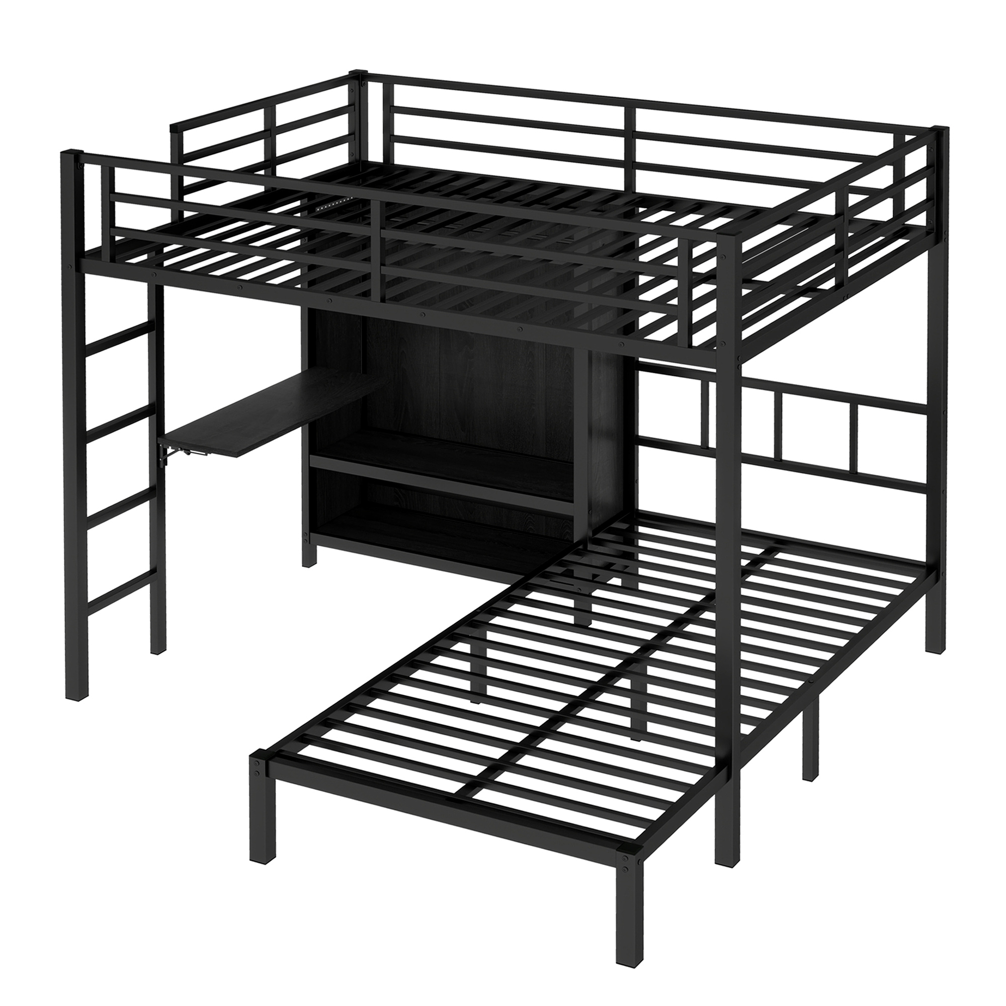 Full XL Over Twin Metal Bunk Bed with Folding Desk, Closet with LED ,Space-Saving/Noise Reduced, Black - Image 5