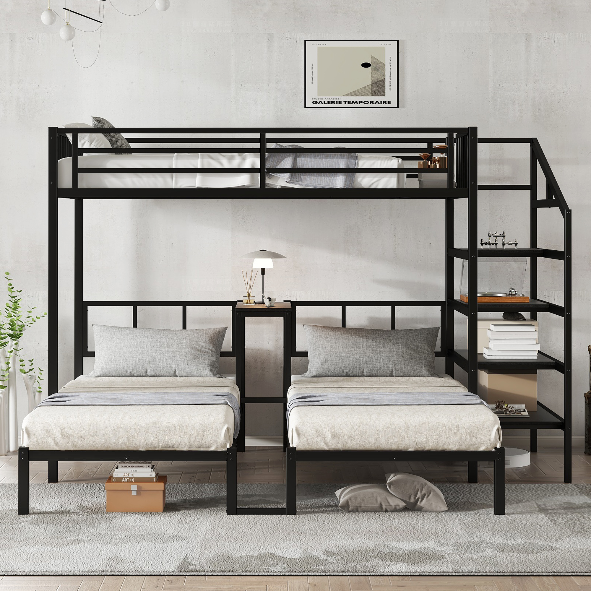 Twin over Twin & Twin Bunk Beds for 3, Twin XL over Twin & Twin Bunk Bed Metal Triple Bunk Bed with Desk & Shelves, Space Saving/Noise Reduction, Black - Image 2